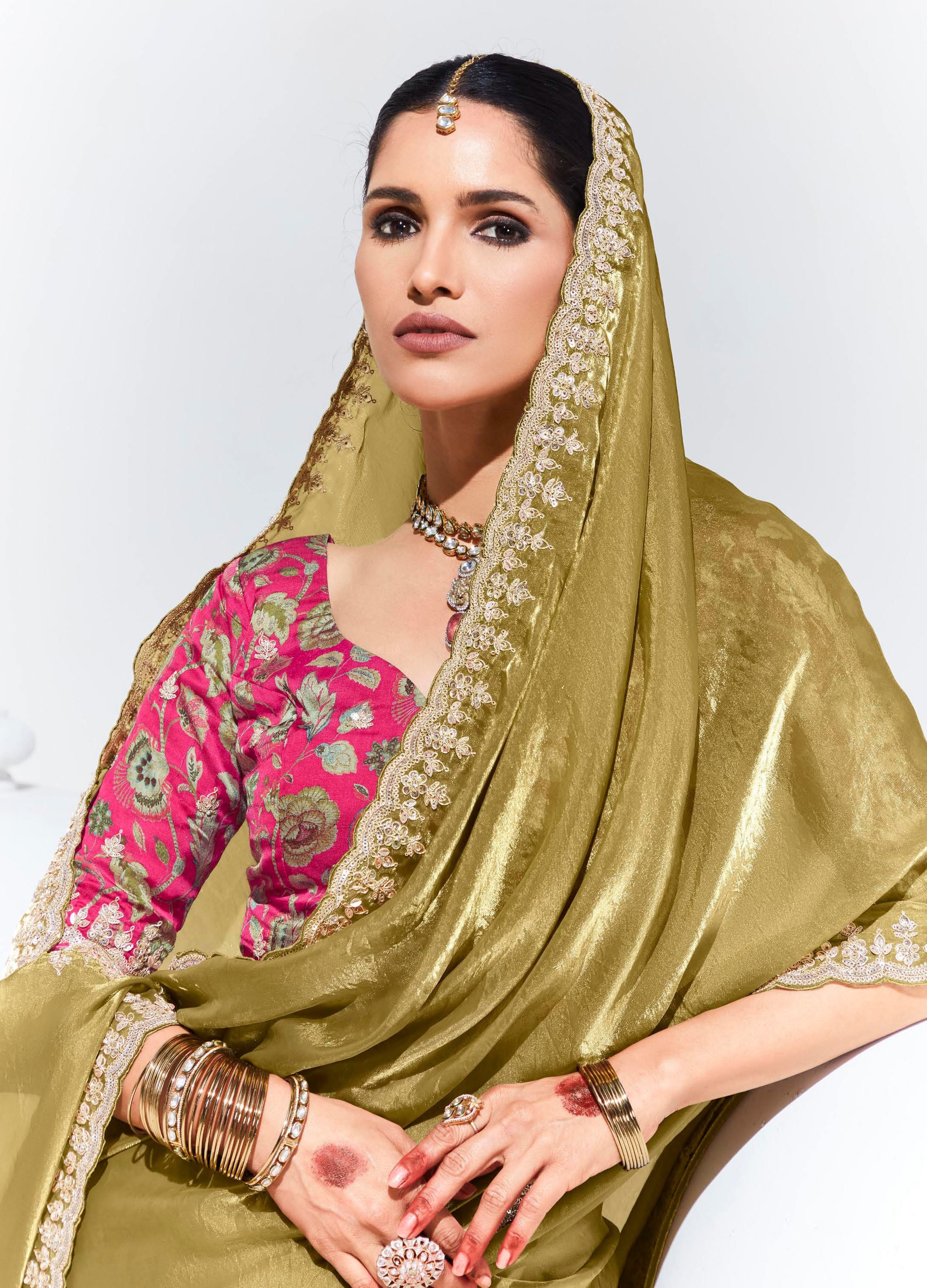 Olive Organza Saree With  Thread Embroidery with Printed Blouse