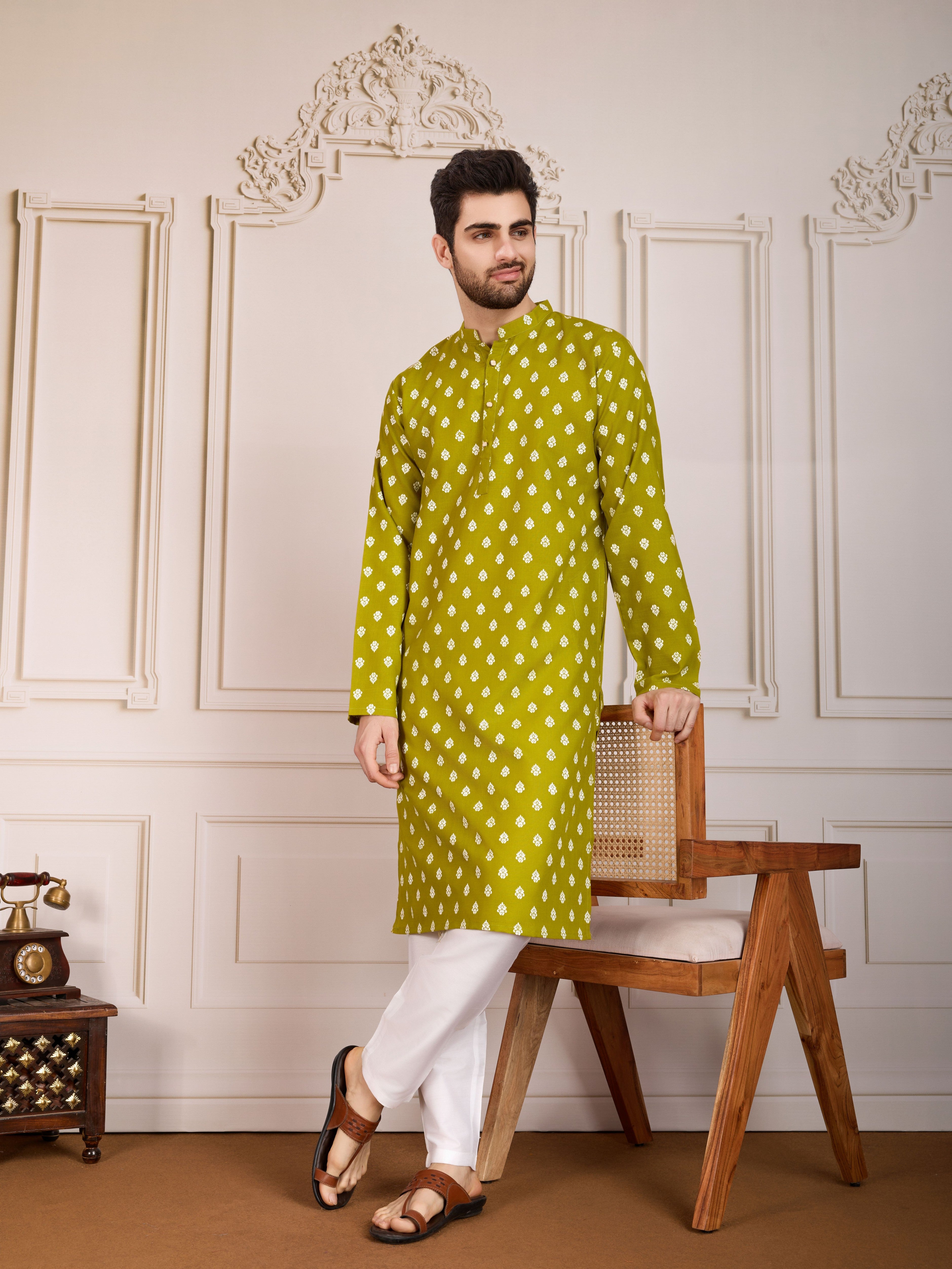 Olive Printed Cotton Stylish Kurta Pajama