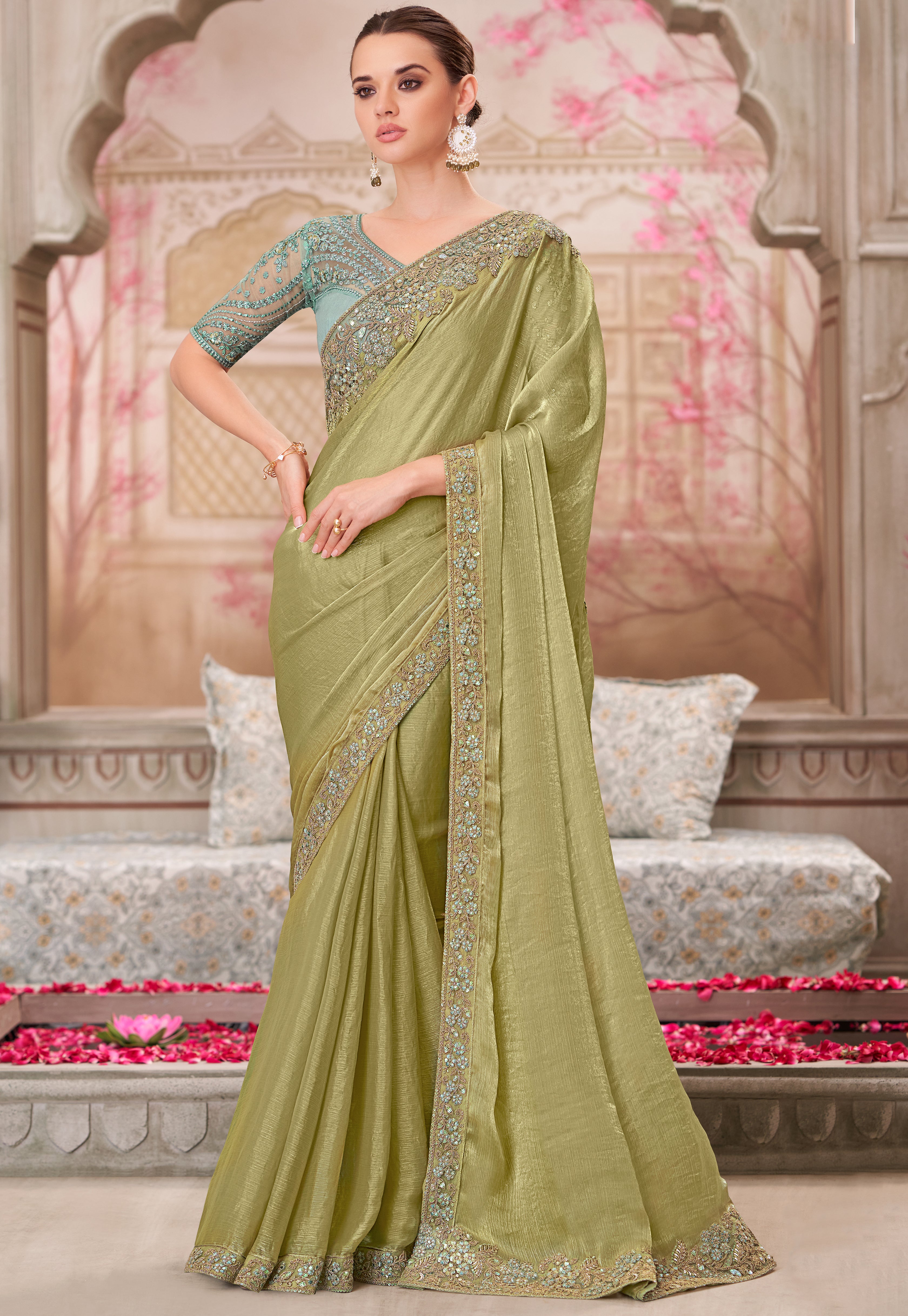 Olive Saree With  Heavy Thread Embroidery Sequins Border Work With Embroidery Blouse