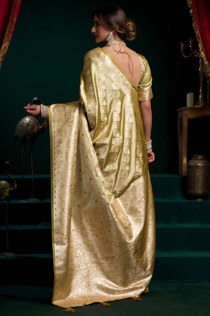 Olive Satin Silk Saree with Rich Jacquard Woven Elegance