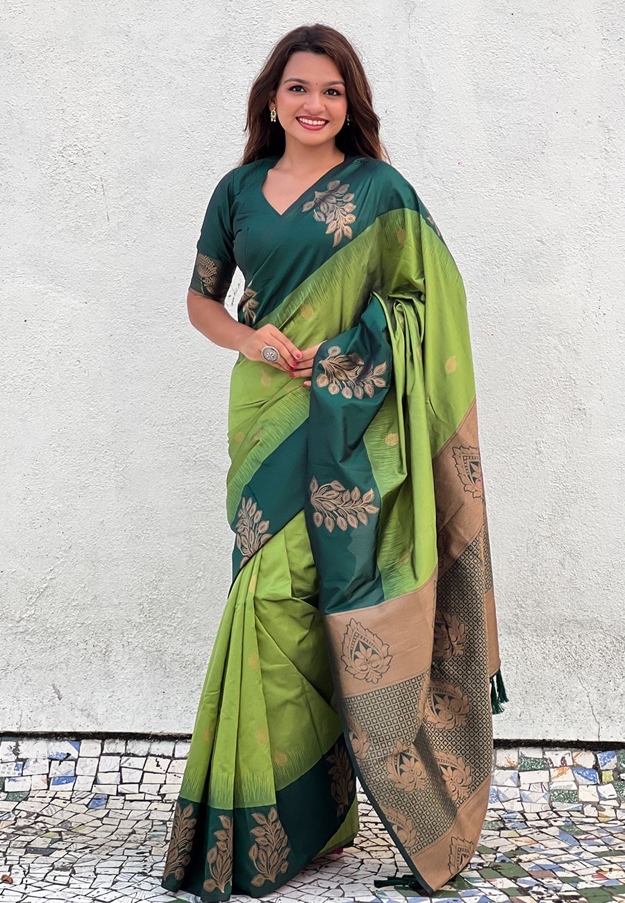 Olive Silk Blend Saree With Floral Border Zari Woven Work
