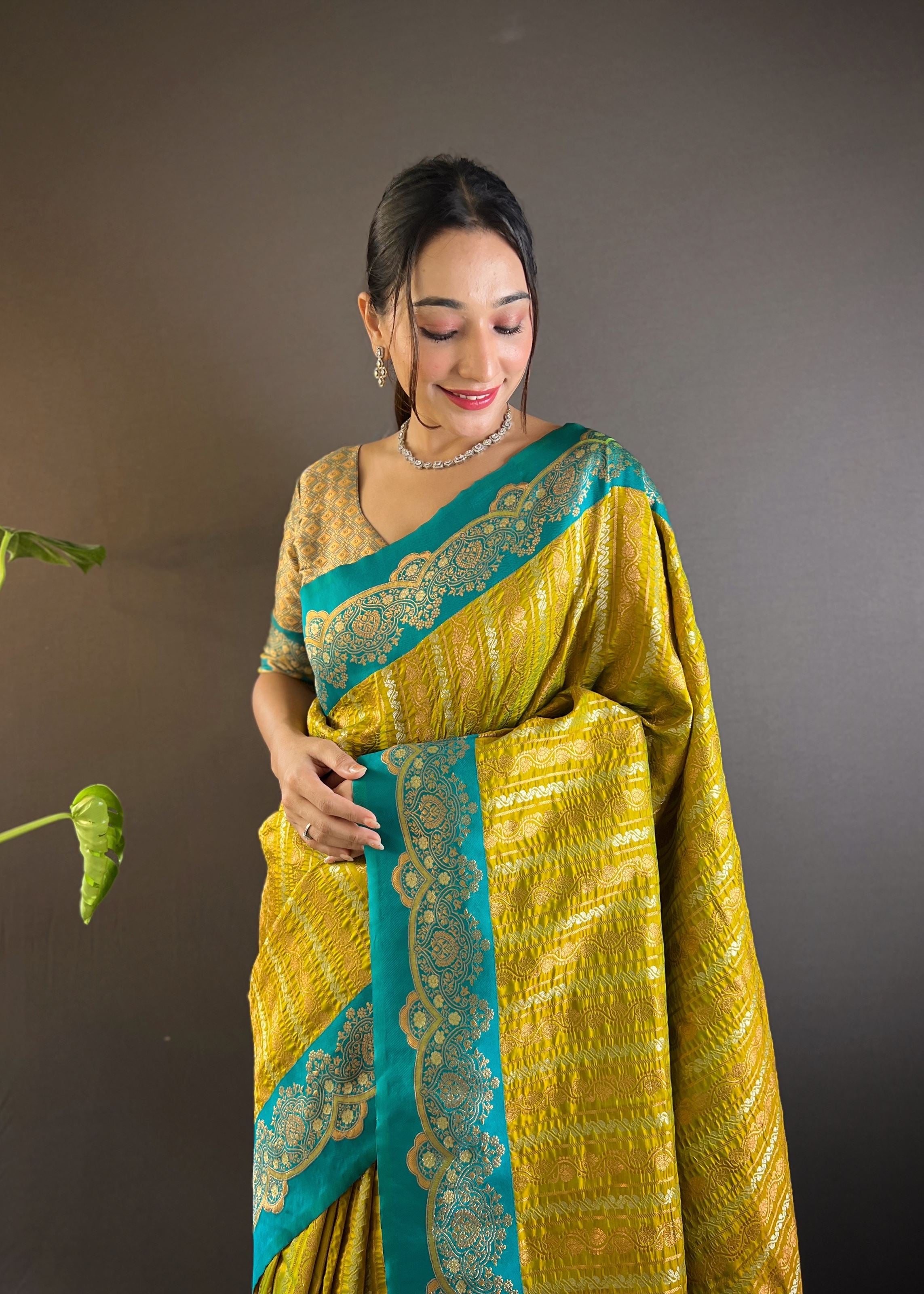 Olive Silk Blend Saree With Zari and Woven Work