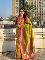 Olive Soft Silk Fabri Woven Paithani Meenakari Designer Ceremonial Saree