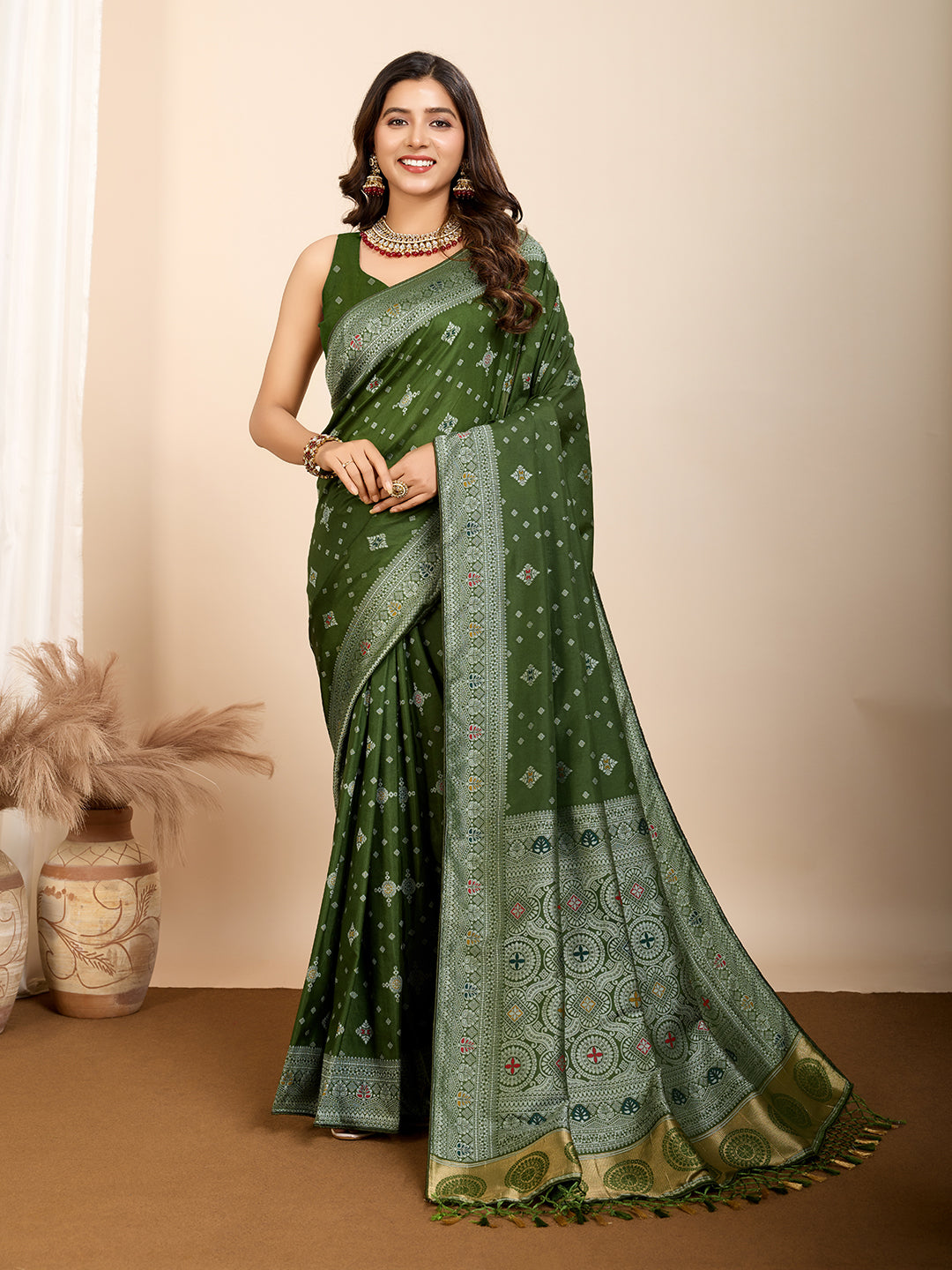Olive Soft Silk Woven Meenakari Designer Ethnic Saree