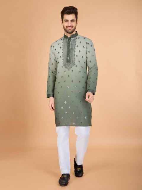 Omber Green Viscose Silk Embroidered Partywear Kurta