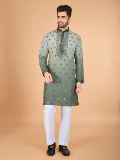 Omber Green Viscose Silk Embroidered Partywear Kurta
