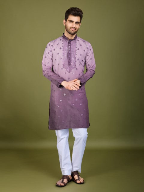 Omber Purple Viscose Silk Embroidered Partywear Kurta