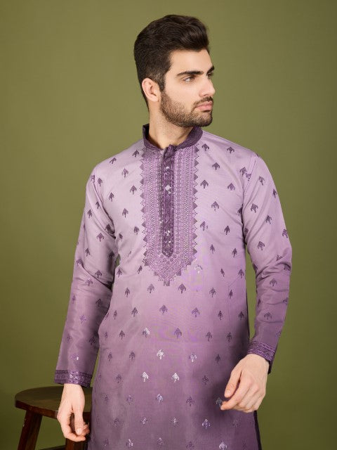 Omber Purple Viscose Silk Embroidered Partywear Kurta