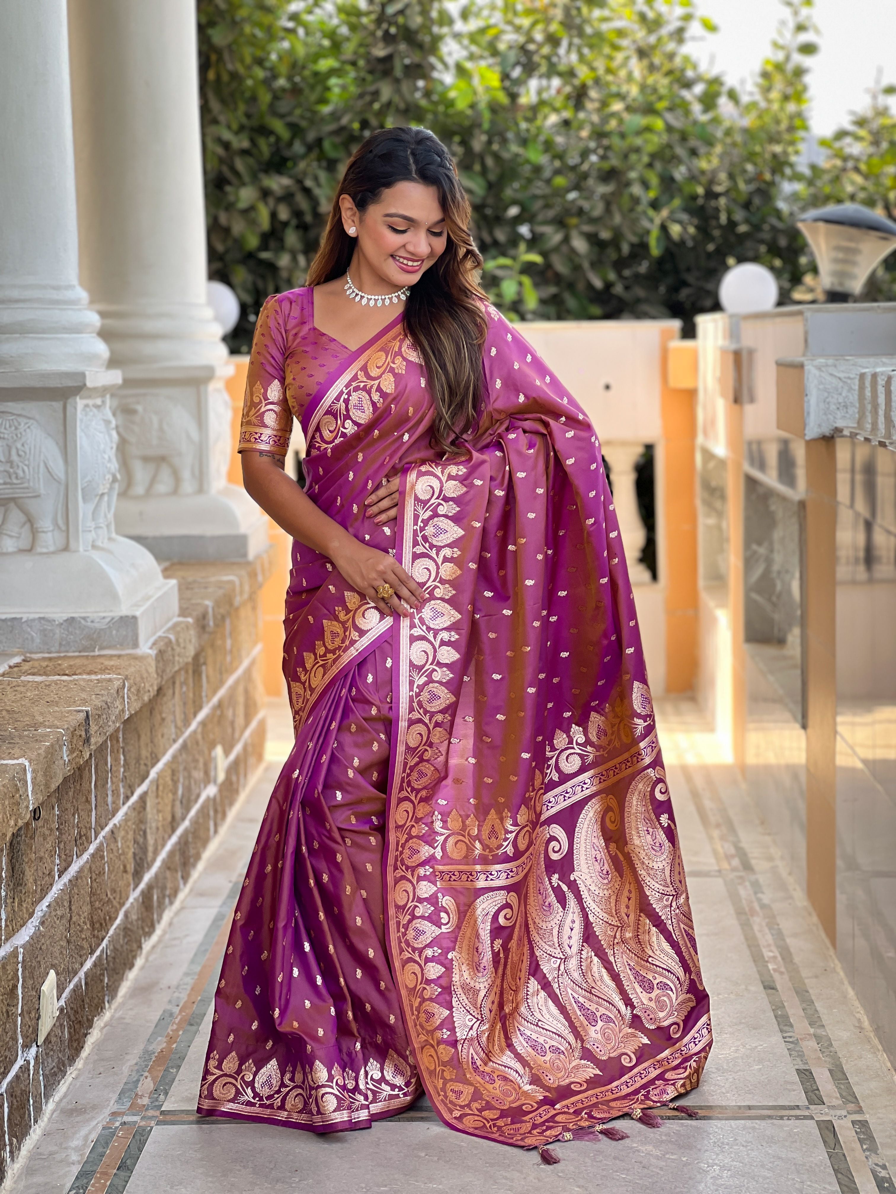 Onion Banarasi Silk Saree With Woven Jacquard Designer Partywear Saree