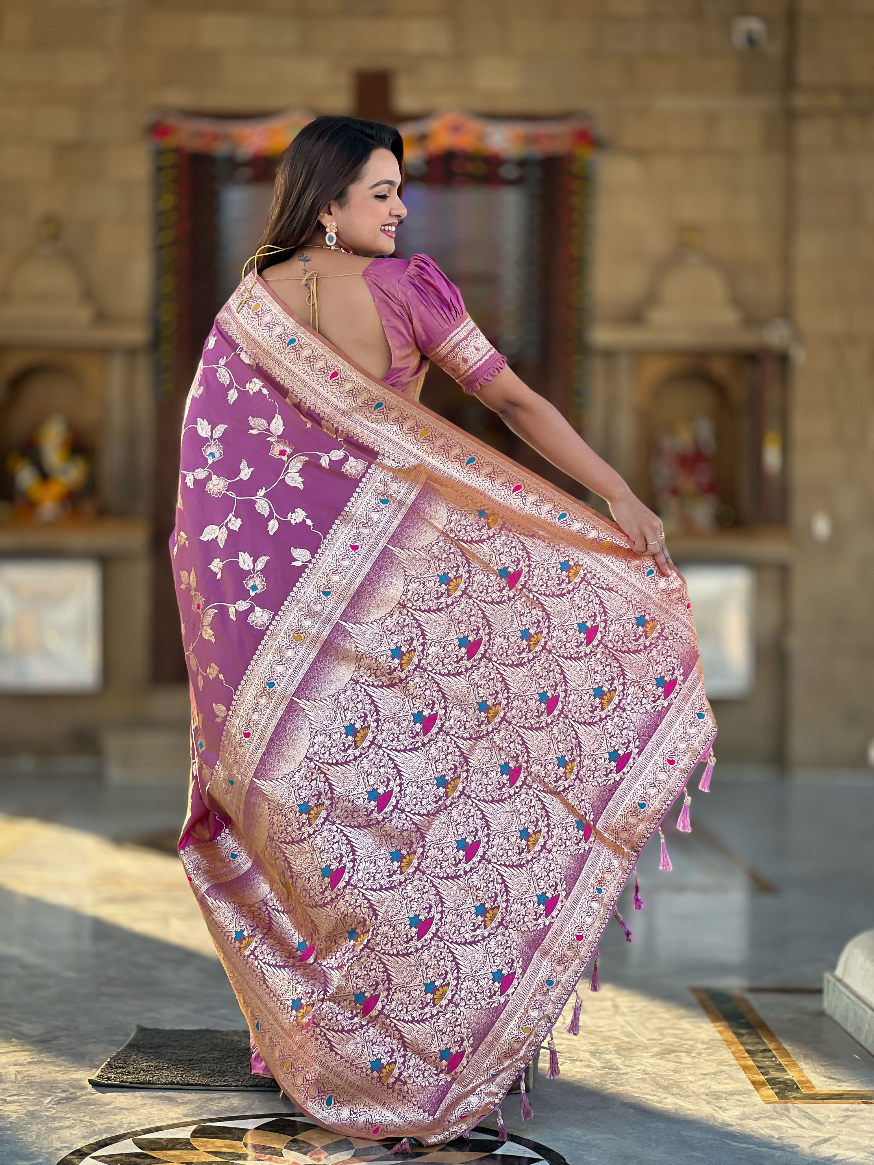 Onion Banarasi Silk Woven Jacquard Designer Ceremonial Partywear Saree