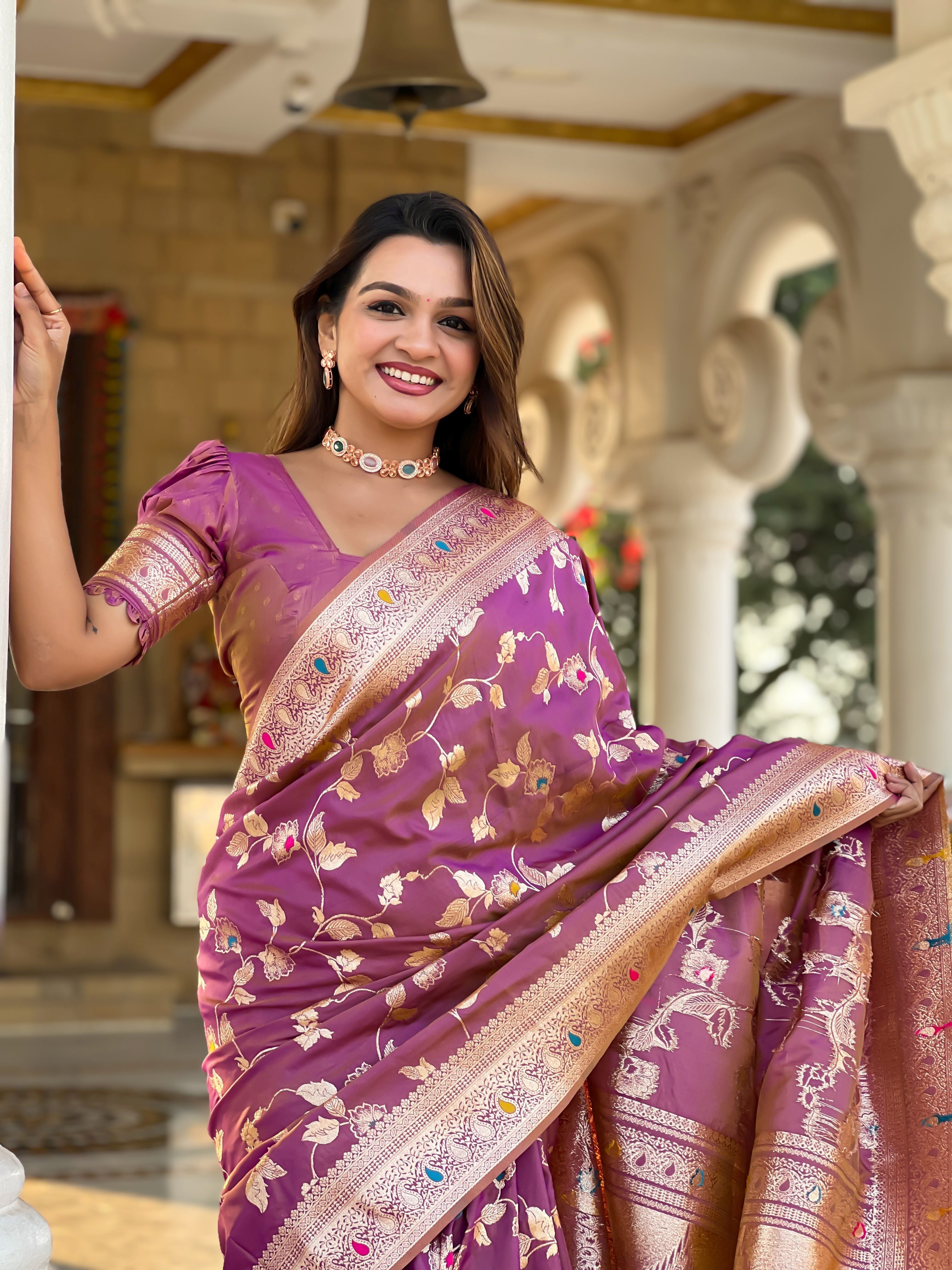 Onion Banarasi Silk Woven Jacquard Designer Ceremonial Partywear Saree