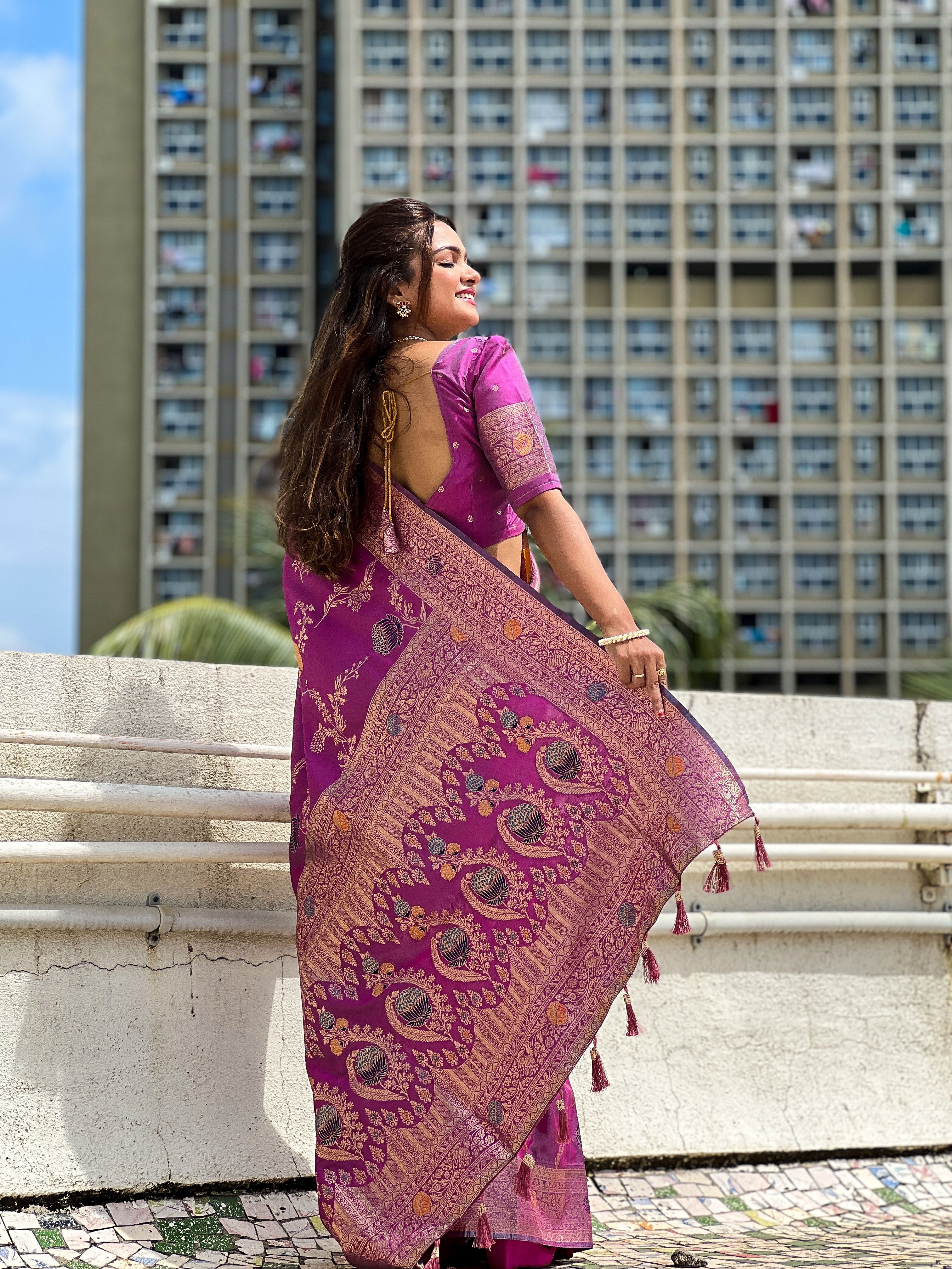 Onion Beautiful Banarasi Silk Woven Meenakari Designer Graceful Ethnic Saree
