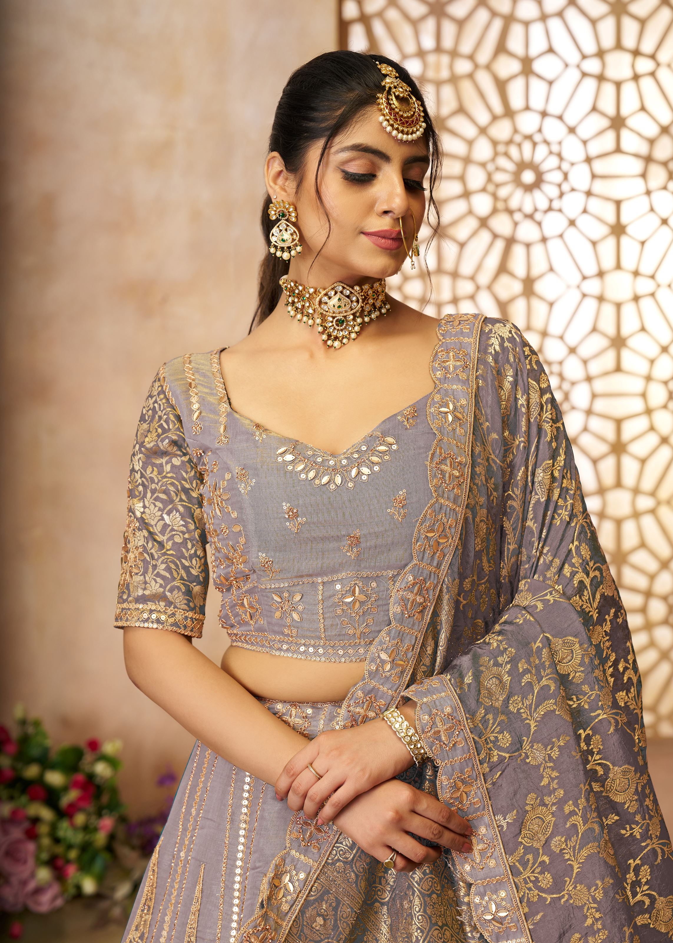 Onion Color Brocade Bridal  Lehenga With Banarasi Patches and Zari Panel Work