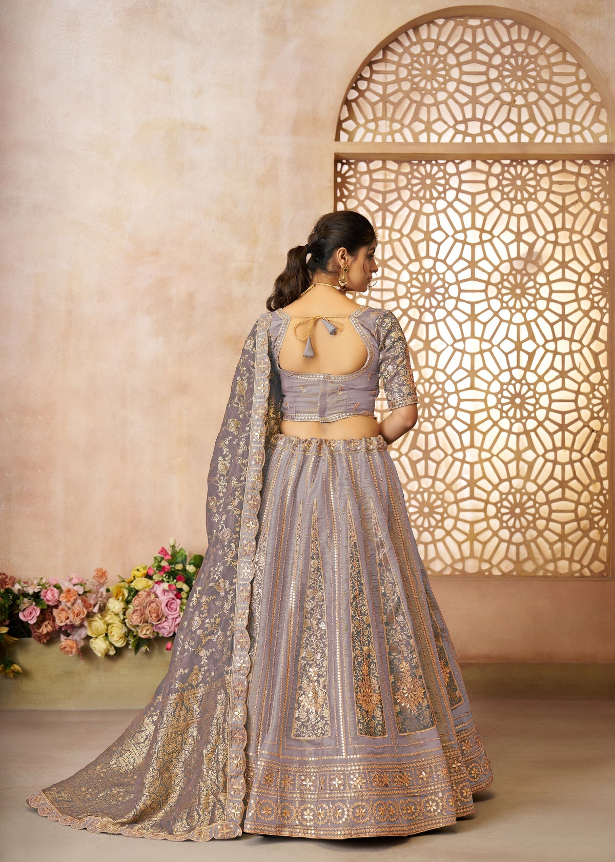 Onion Color Brocade Bridal  Lehenga With Banarasi Patches and Zari Panel Work