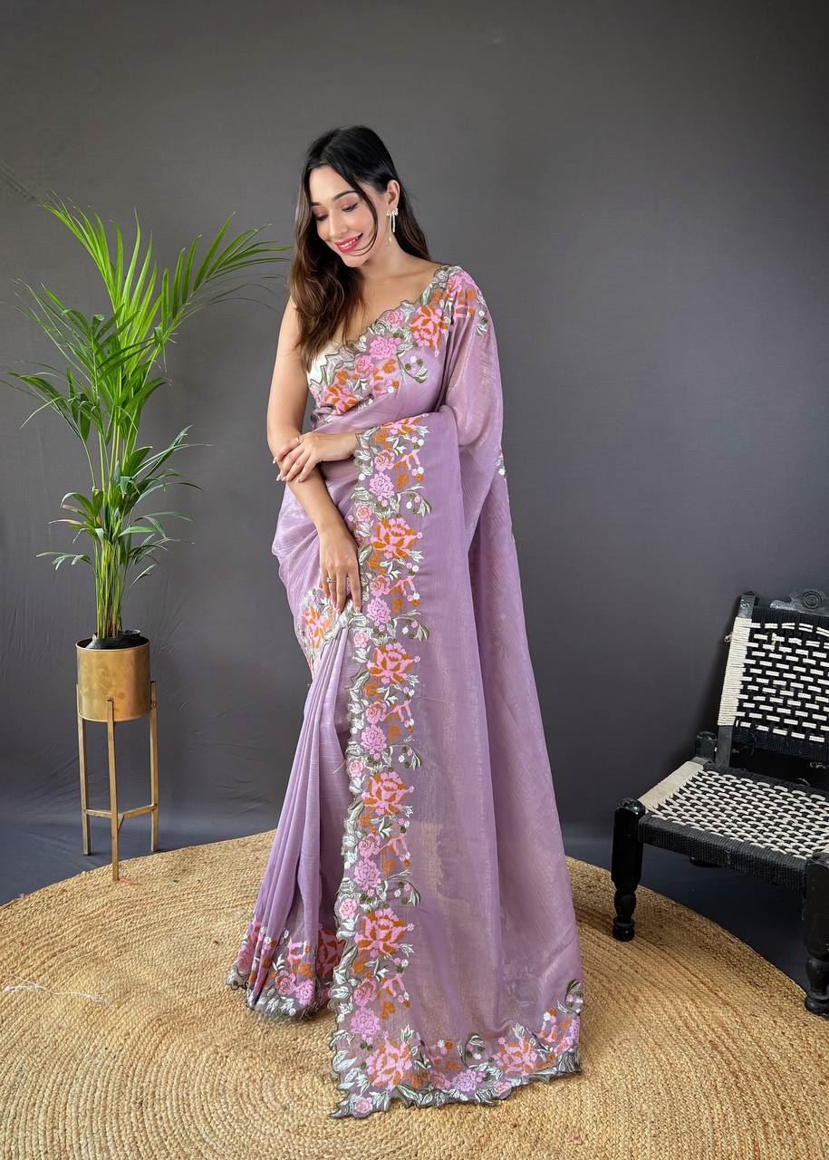 Onion Colour Soft Glossy Silk Heavy Embroidery Work Saree