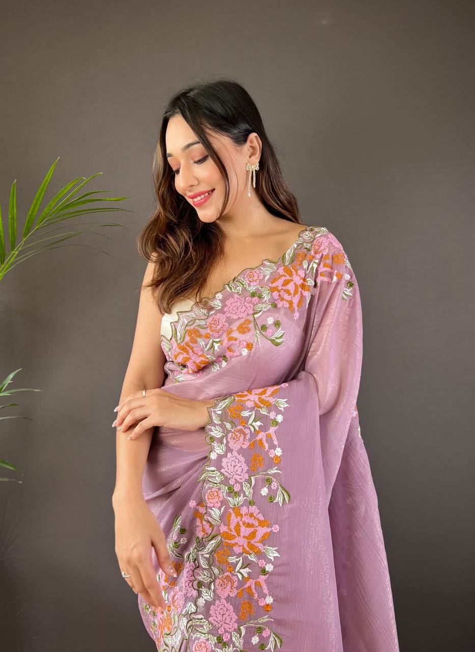 Onion Colour Soft Glossy Silk Heavy Embroidery Work Saree