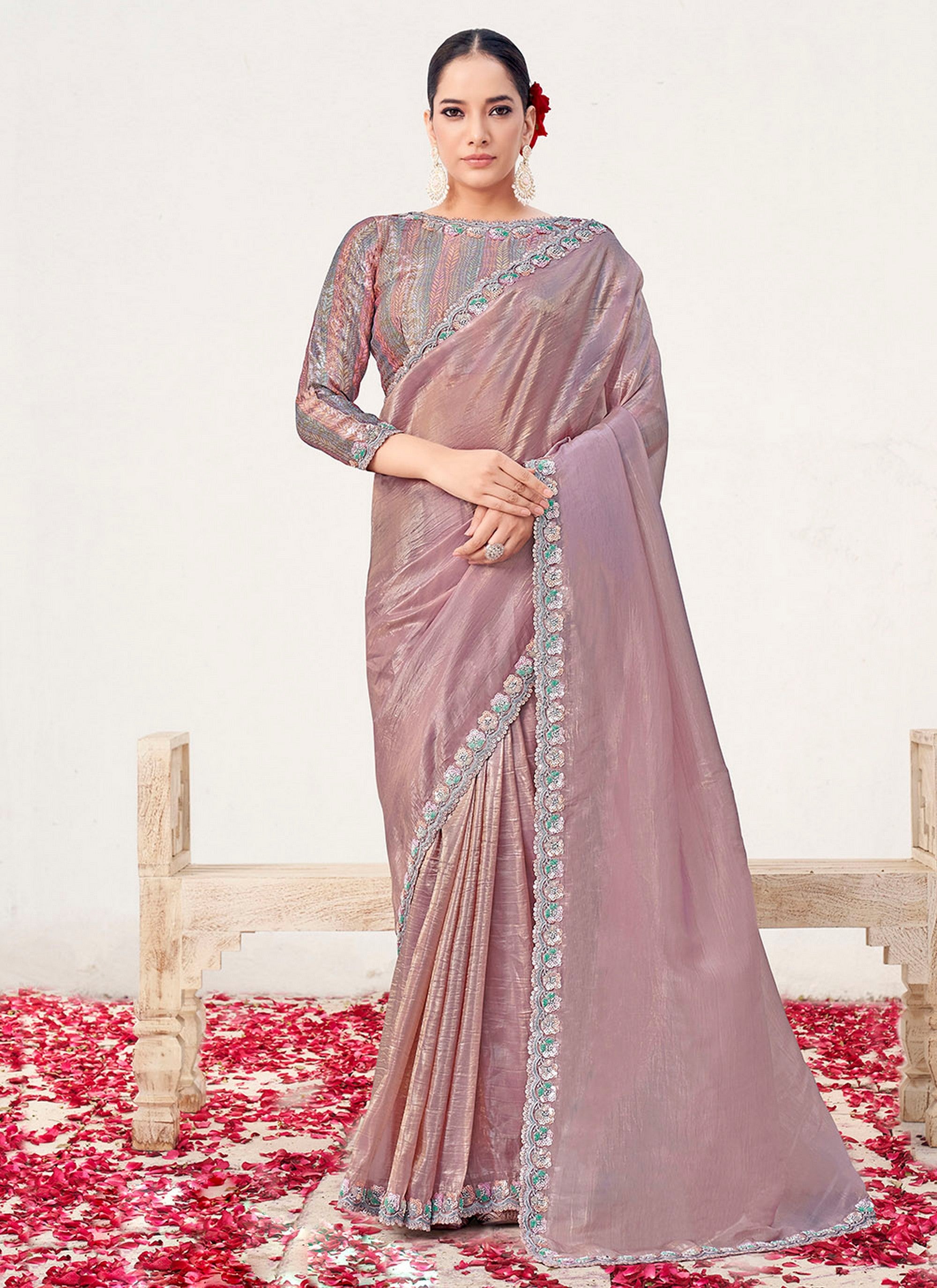 Onion Crush Paper Silk Heavy Embroidery Work Wedding Wear Saree