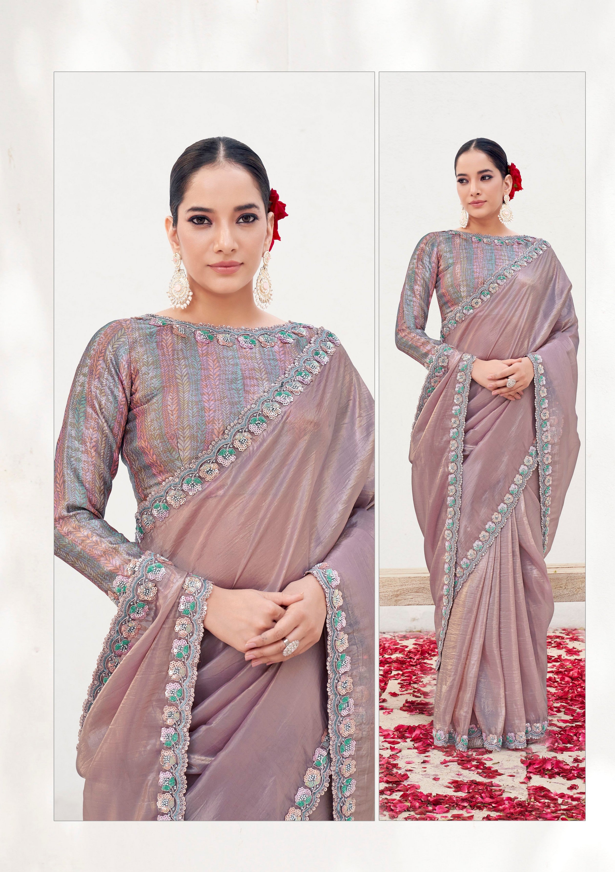 Onion Crush Paper Silk Heavy Embroidery Work Wedding Wear Saree