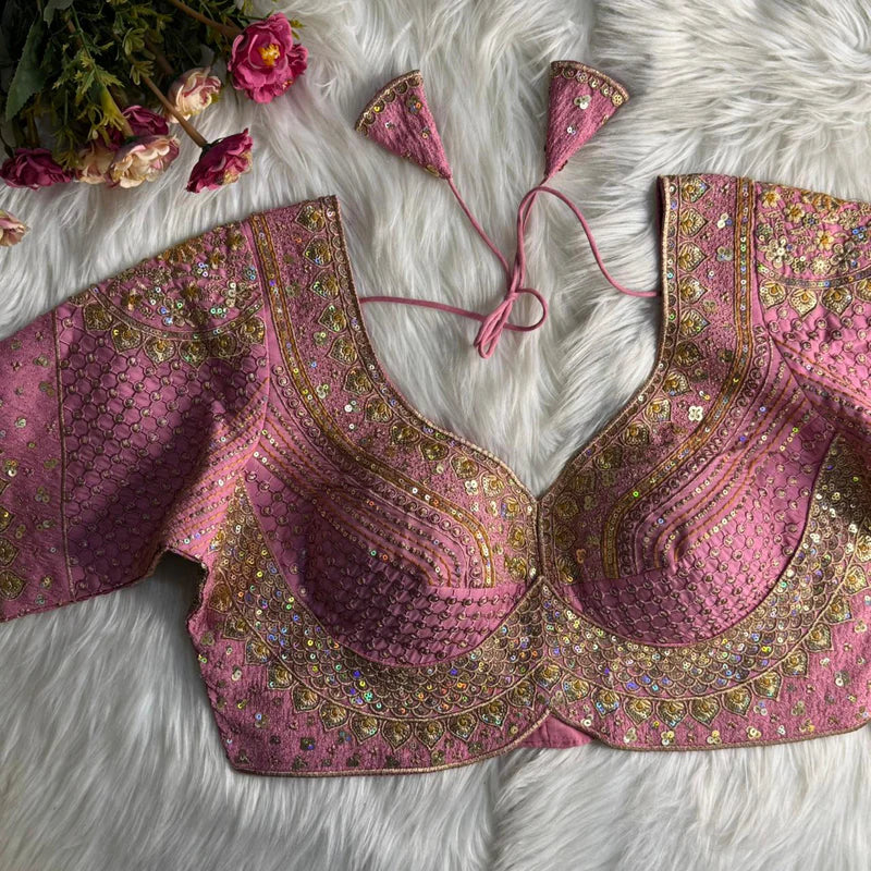 Onion Pink Designer Bridal Blouse with Heavy Stars, Rainbow & Sequins Work  Roman Silk