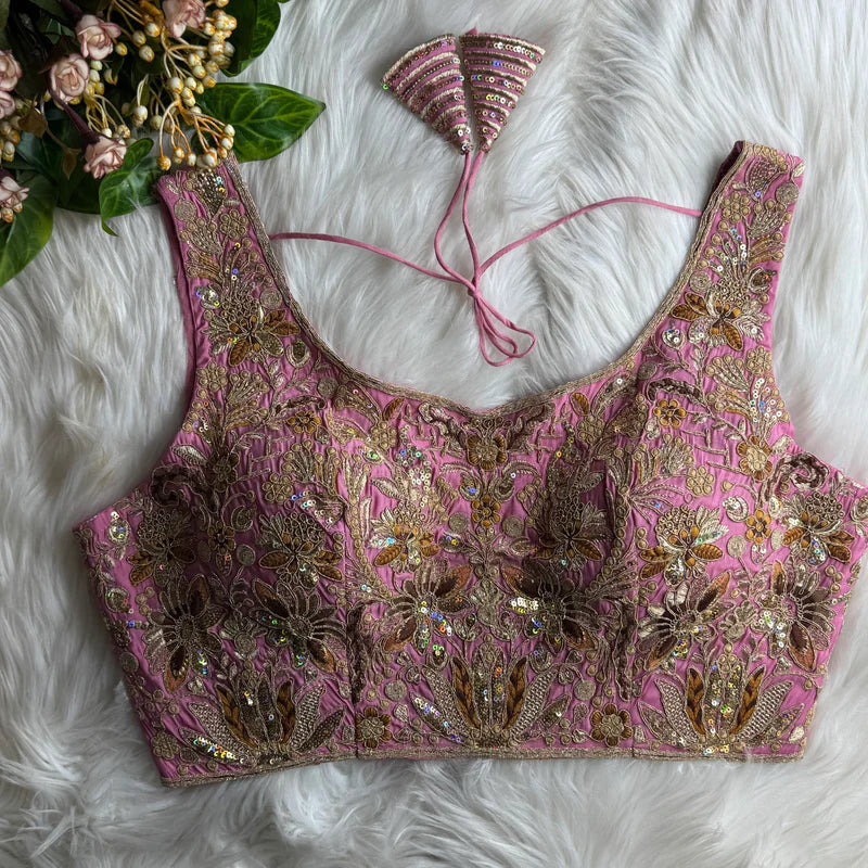 Onion Pink Designer Roman Silk Bridal Blouse with Heavy Stars & Rainbow Work