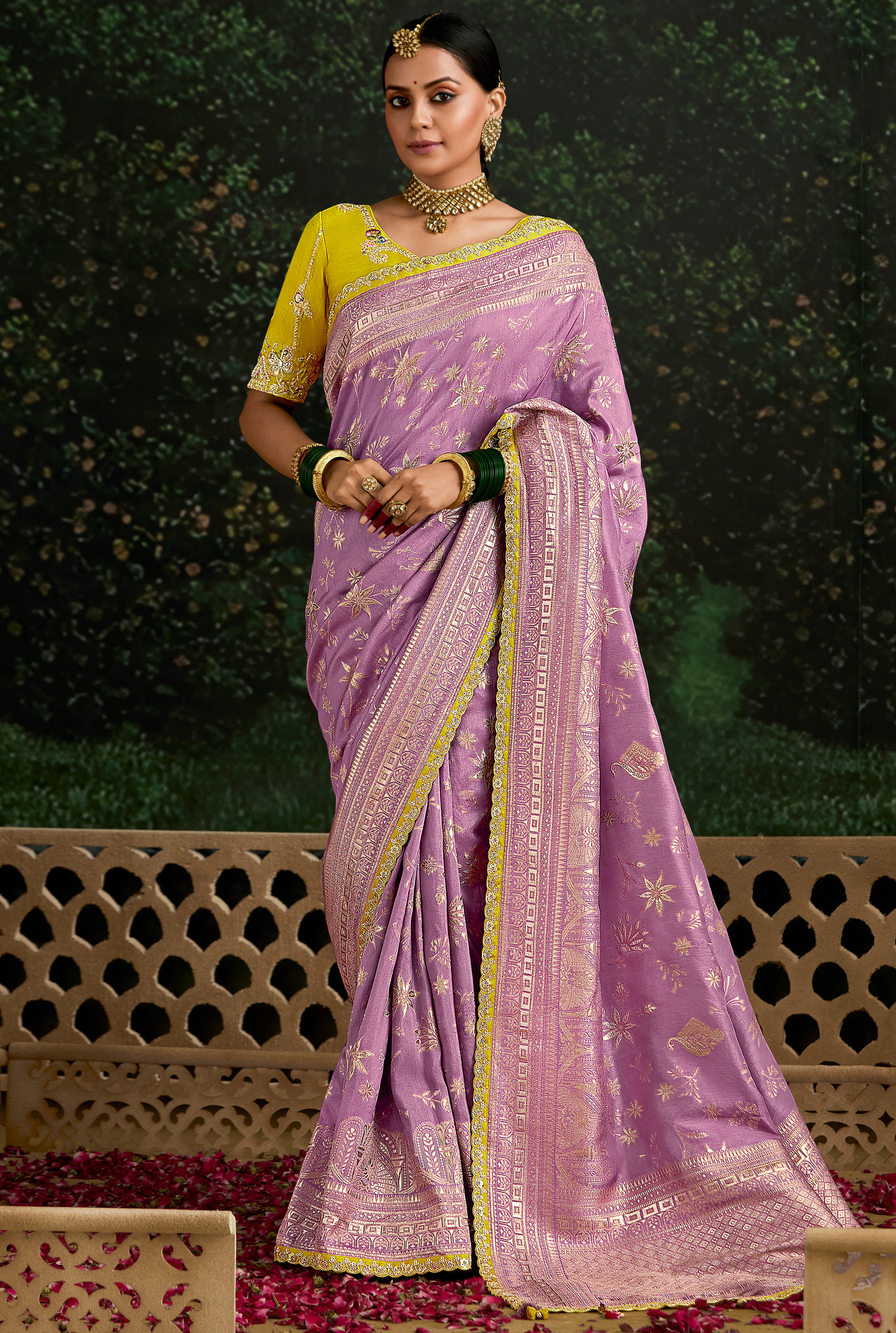 Onion Pink Dola Silk Saree With  Jacquard Woven with Embroidered Lace Border