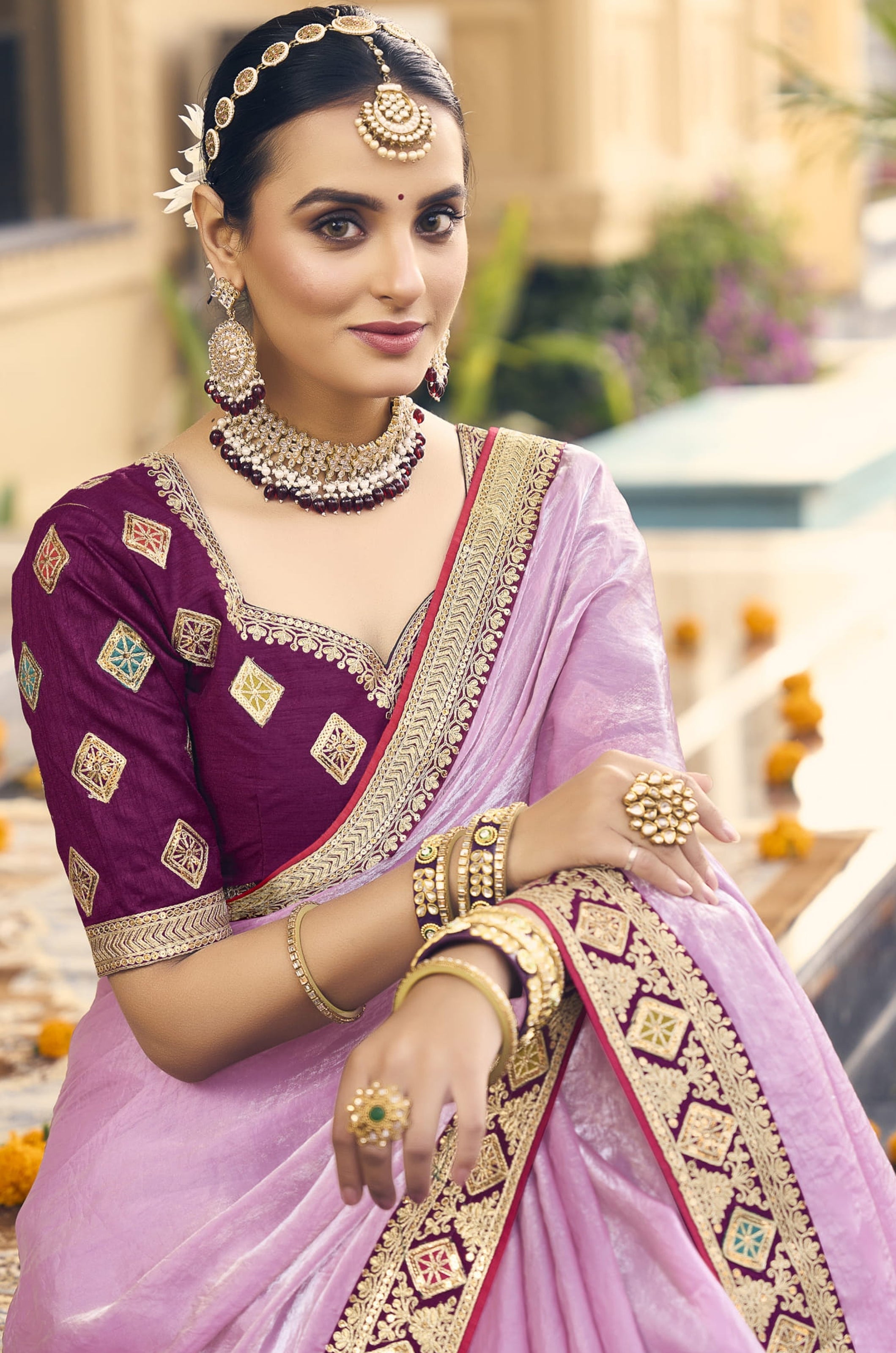 Onion Pink Georgette Plain Saree With Embroidered Lace Border