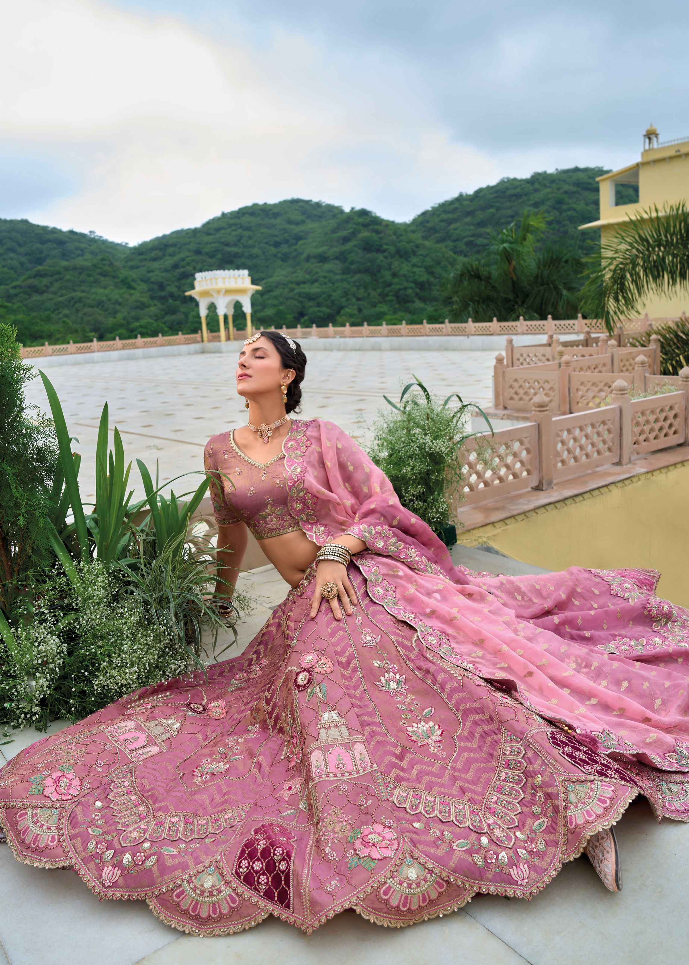 Onion Pink Lehenga Choli With Heavy Thread Embroidery, Zari With Sequins Work