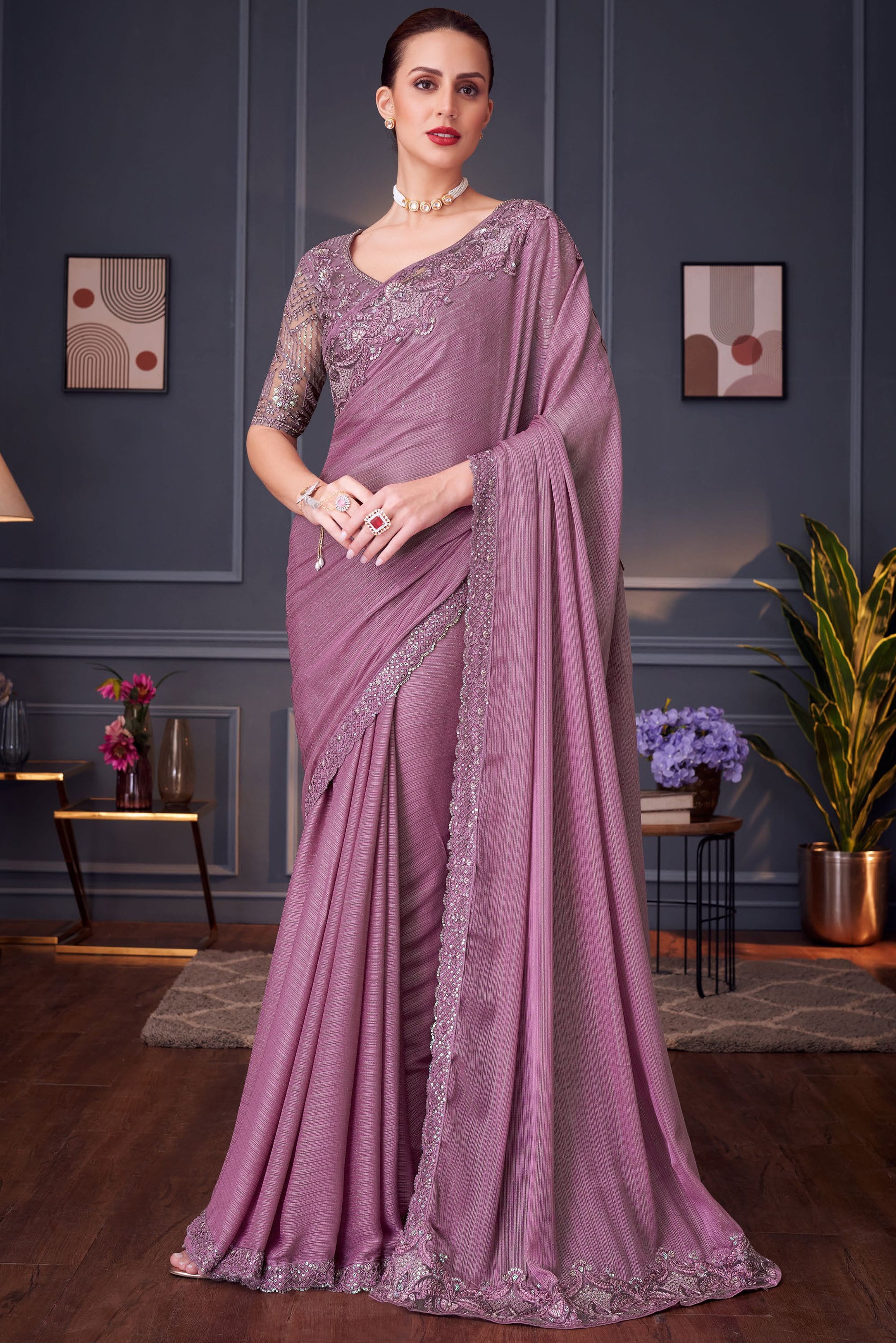 Onion Pink Saree With  Heavy Thread Embroidery Sequins Work