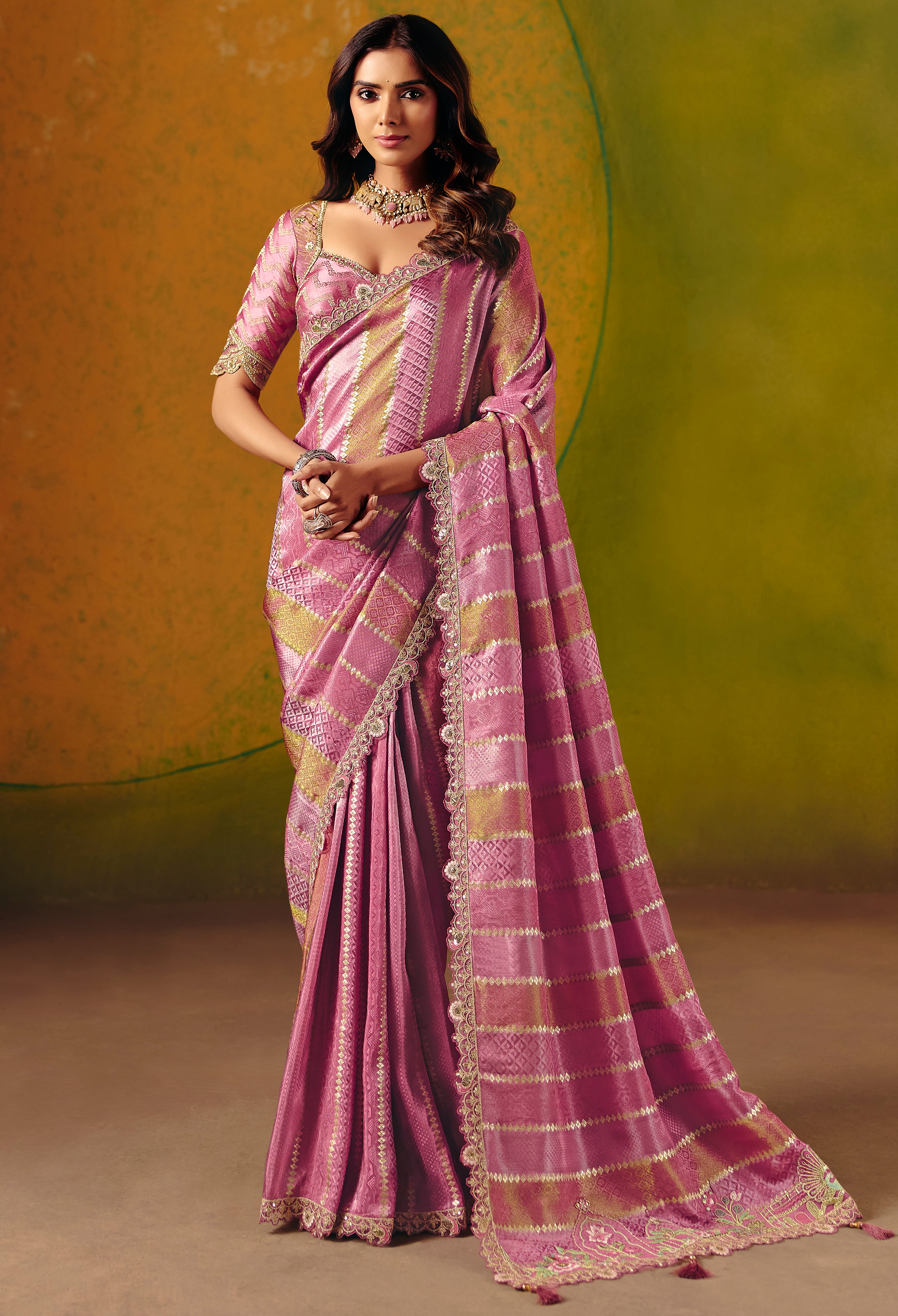 Onion Pink Saree With  Jacquard Woven With Fancy Work Border