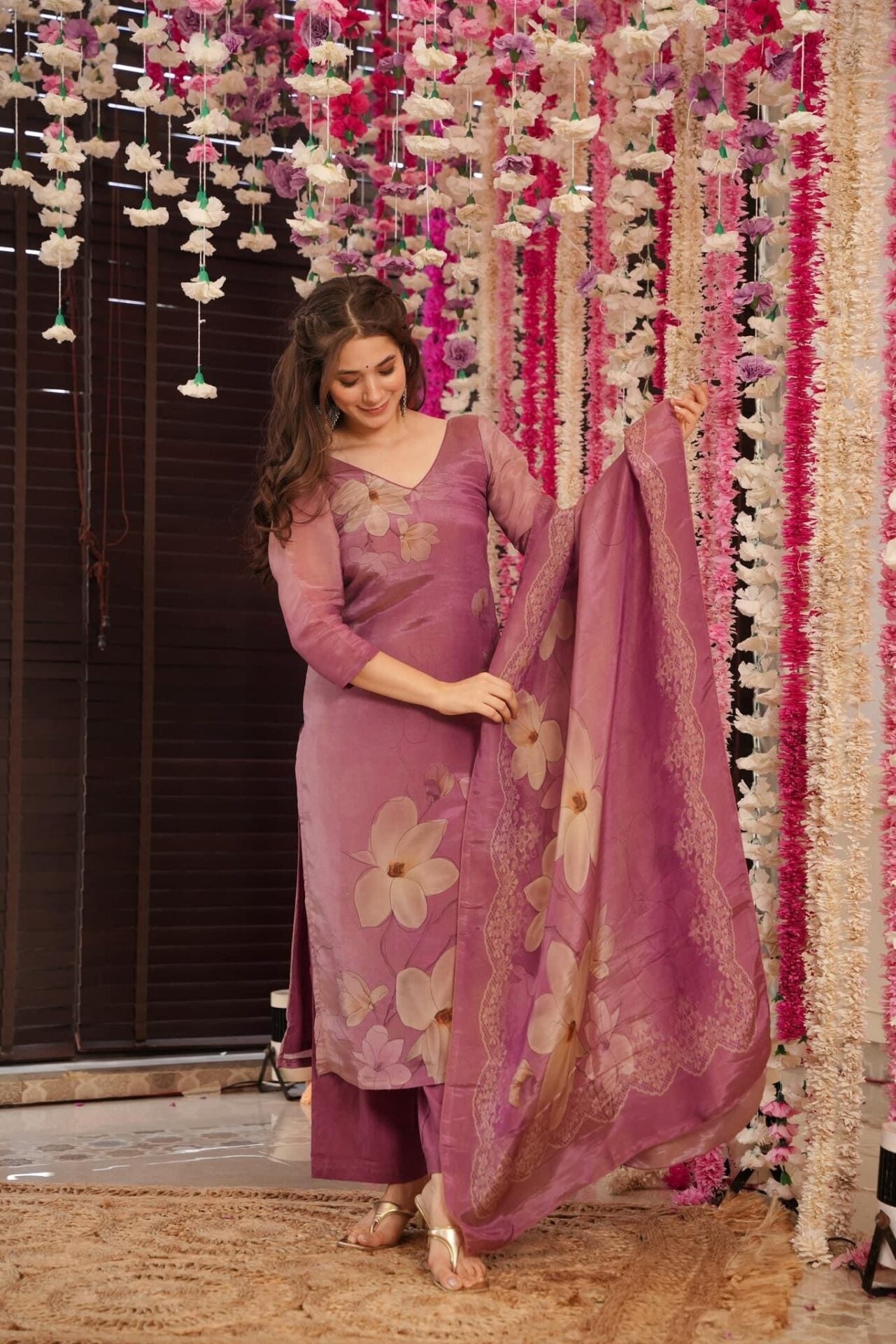 Onion Pink Silk Kurta Pant Set  Printed