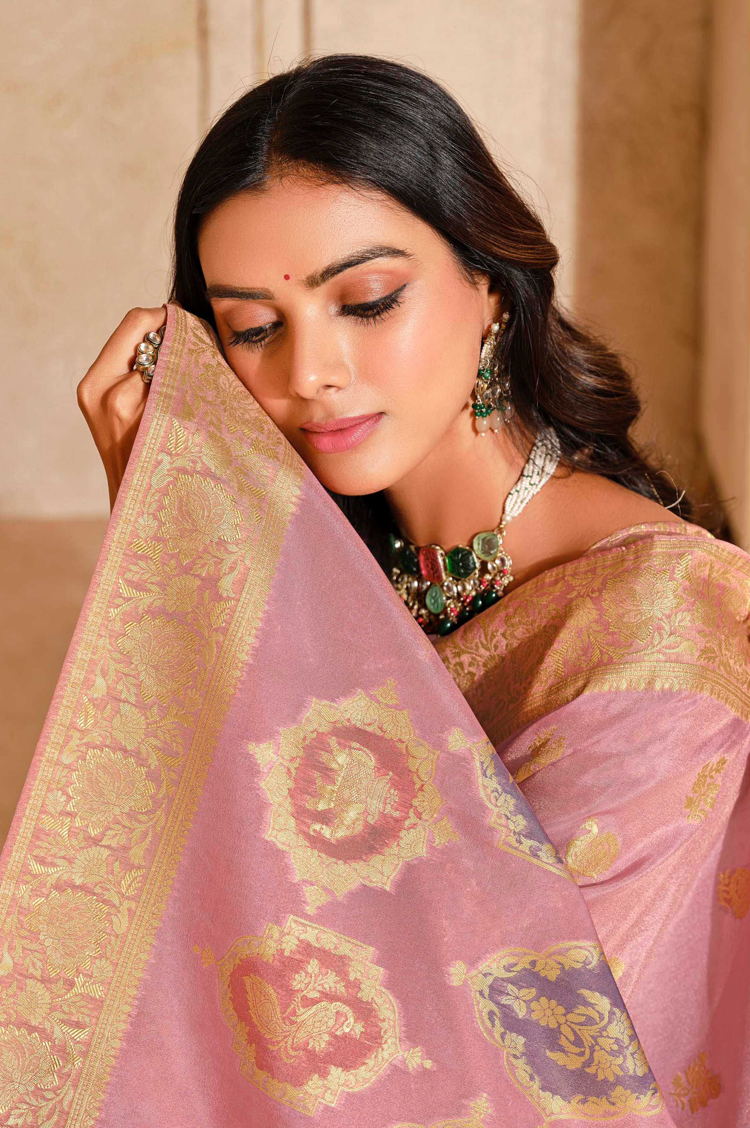 Onion Pink Silk Saree With  Jacquard Woven Work