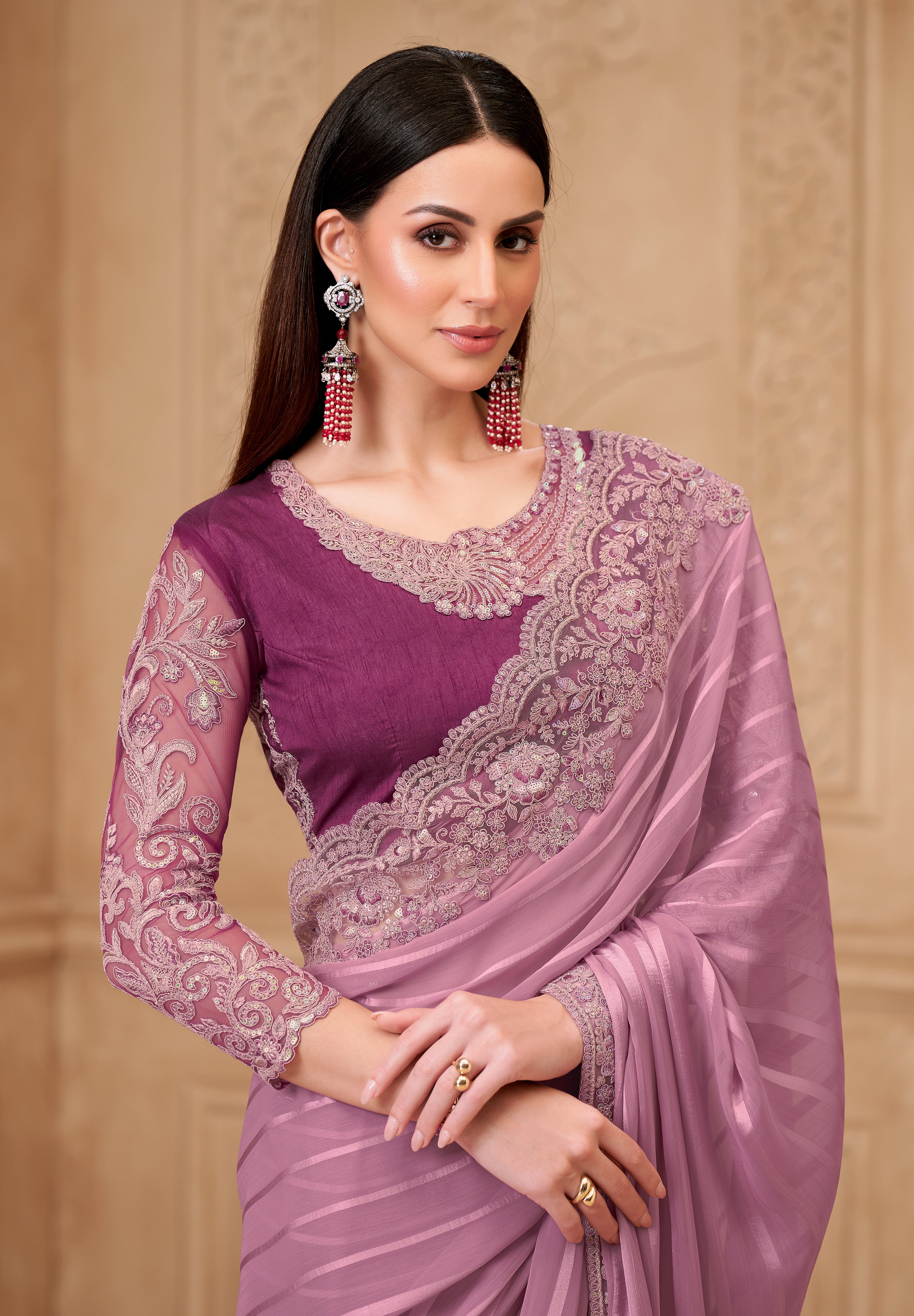 Onion Saree With  Heavy Thread Embroidery Sequins Border Work With Embroidery Blouse