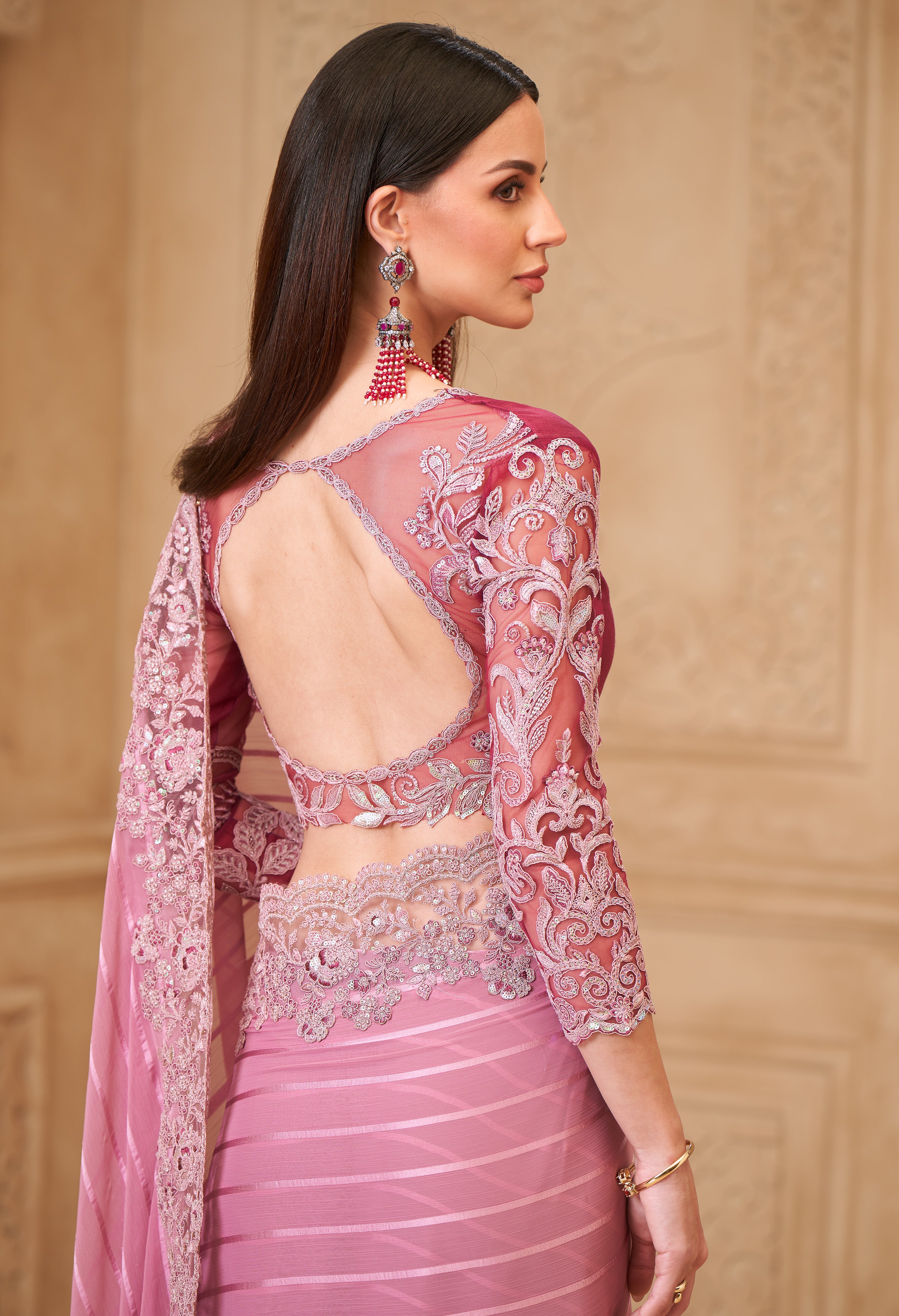 Onion Saree With  Heavy Thread Embroidery Sequins Border Work With Embroidery Blouse