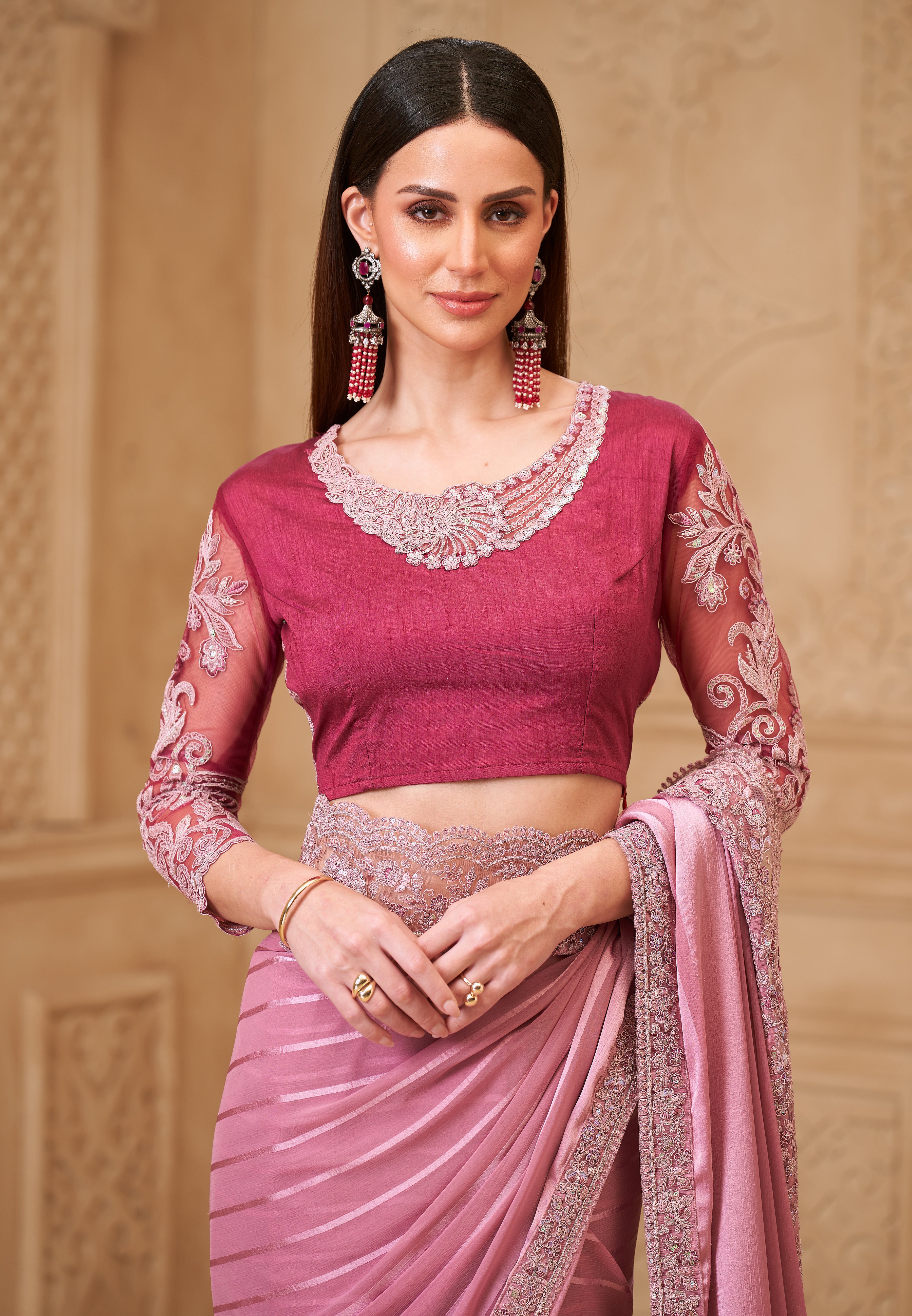 Onion Saree With  Heavy Thread Embroidery Sequins Border Work With Embroidery Blouse