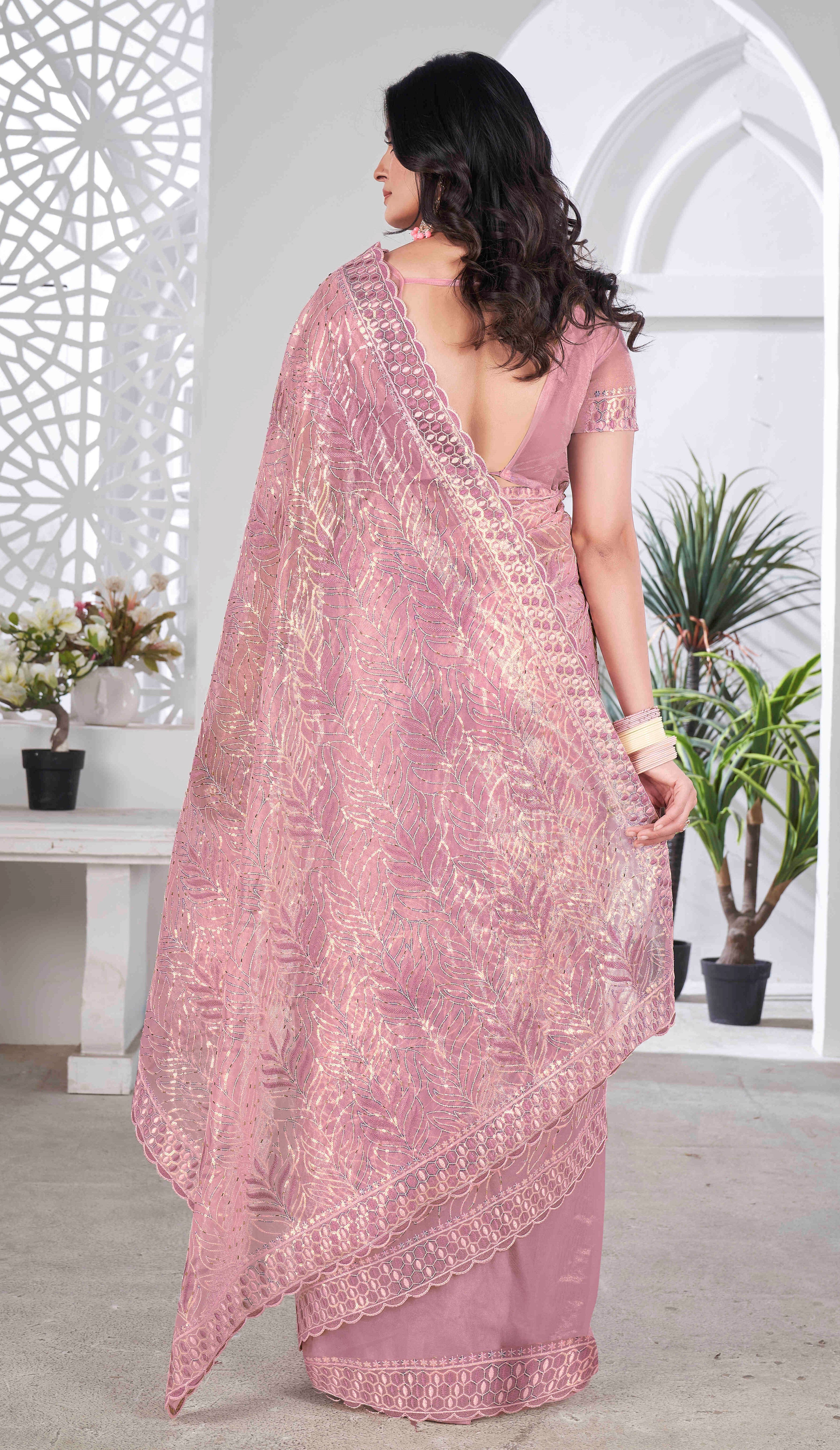 Onion Tissue Net Sequance And Multy Thread Embroidery Saree With Cut Work