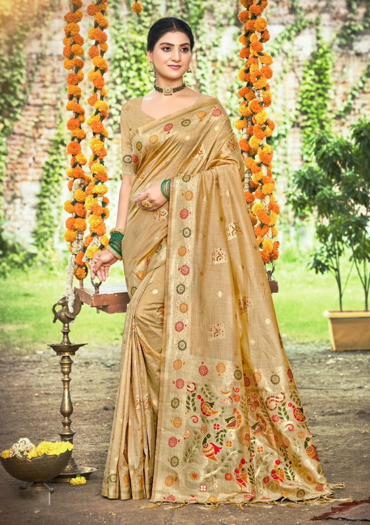 Opulent Chiku Assam Silk Meenakari Festival Saree