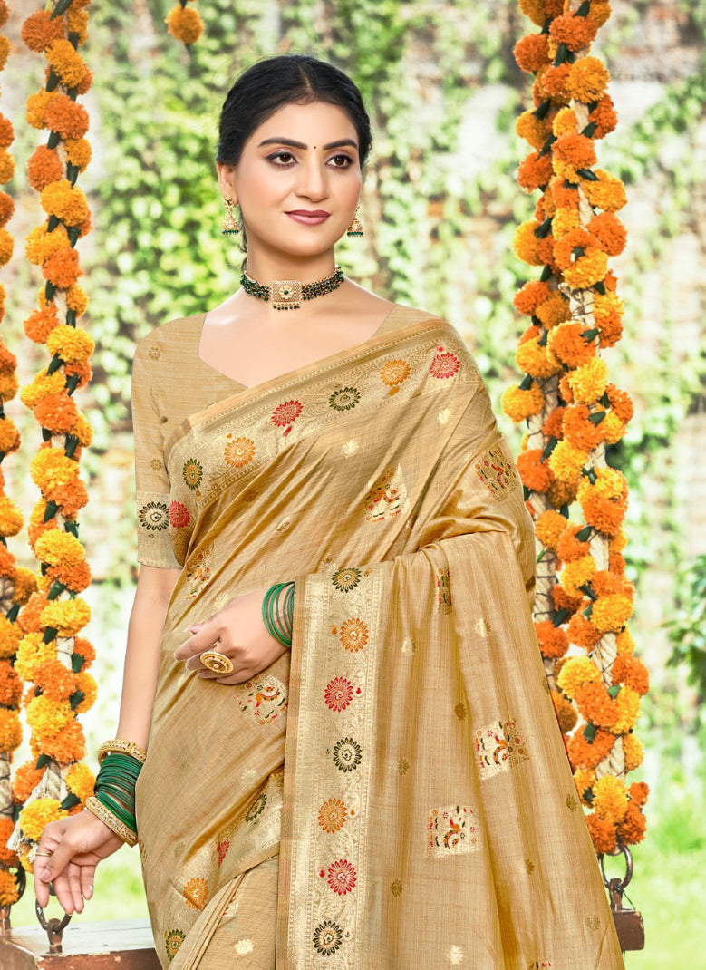 Opulent Chiku Assam Silk Meenakari Festival Saree