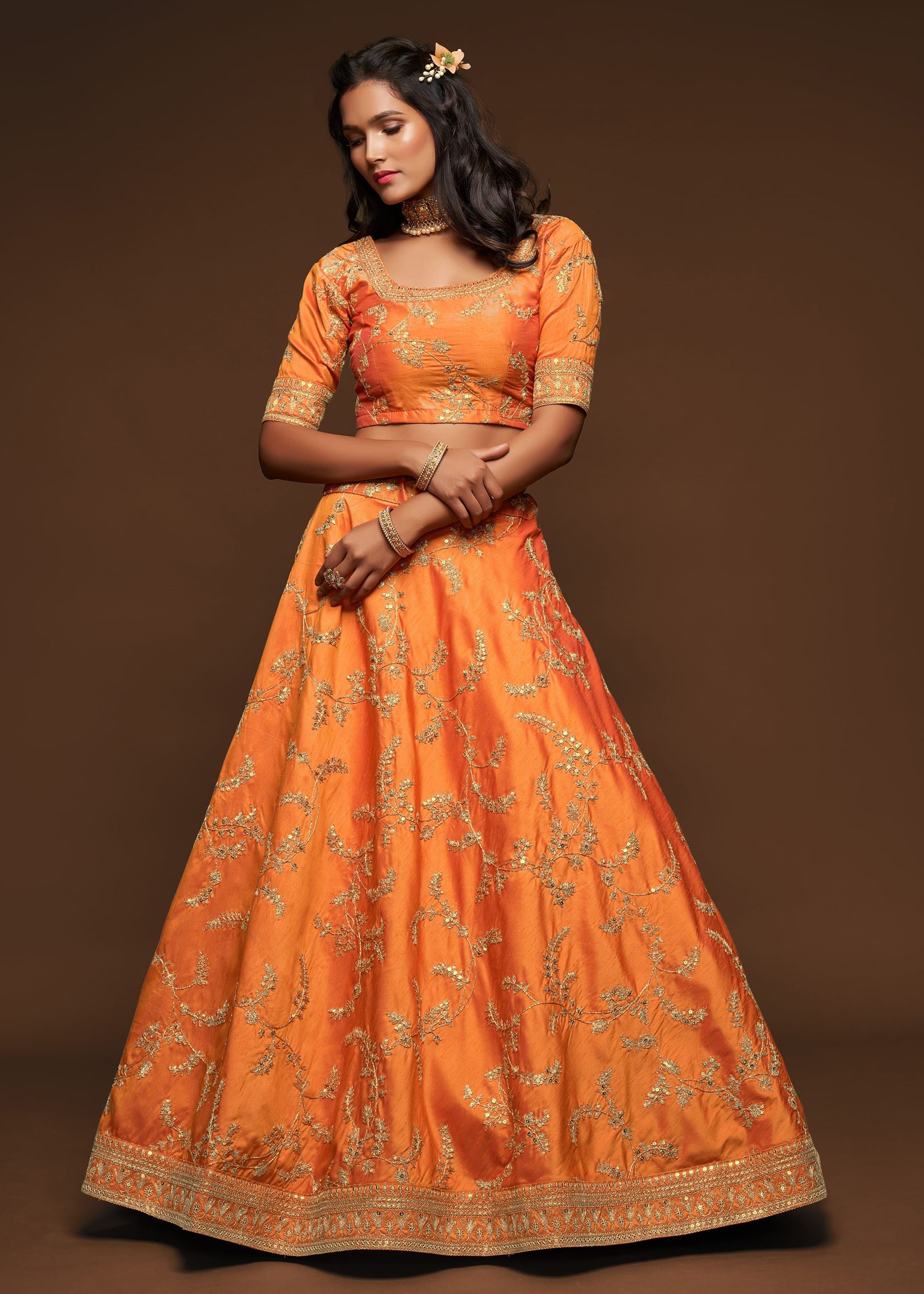 Orange Art Silk Lehenga Choli With Thread, Zari, Dori and Sequins Embroidery Work