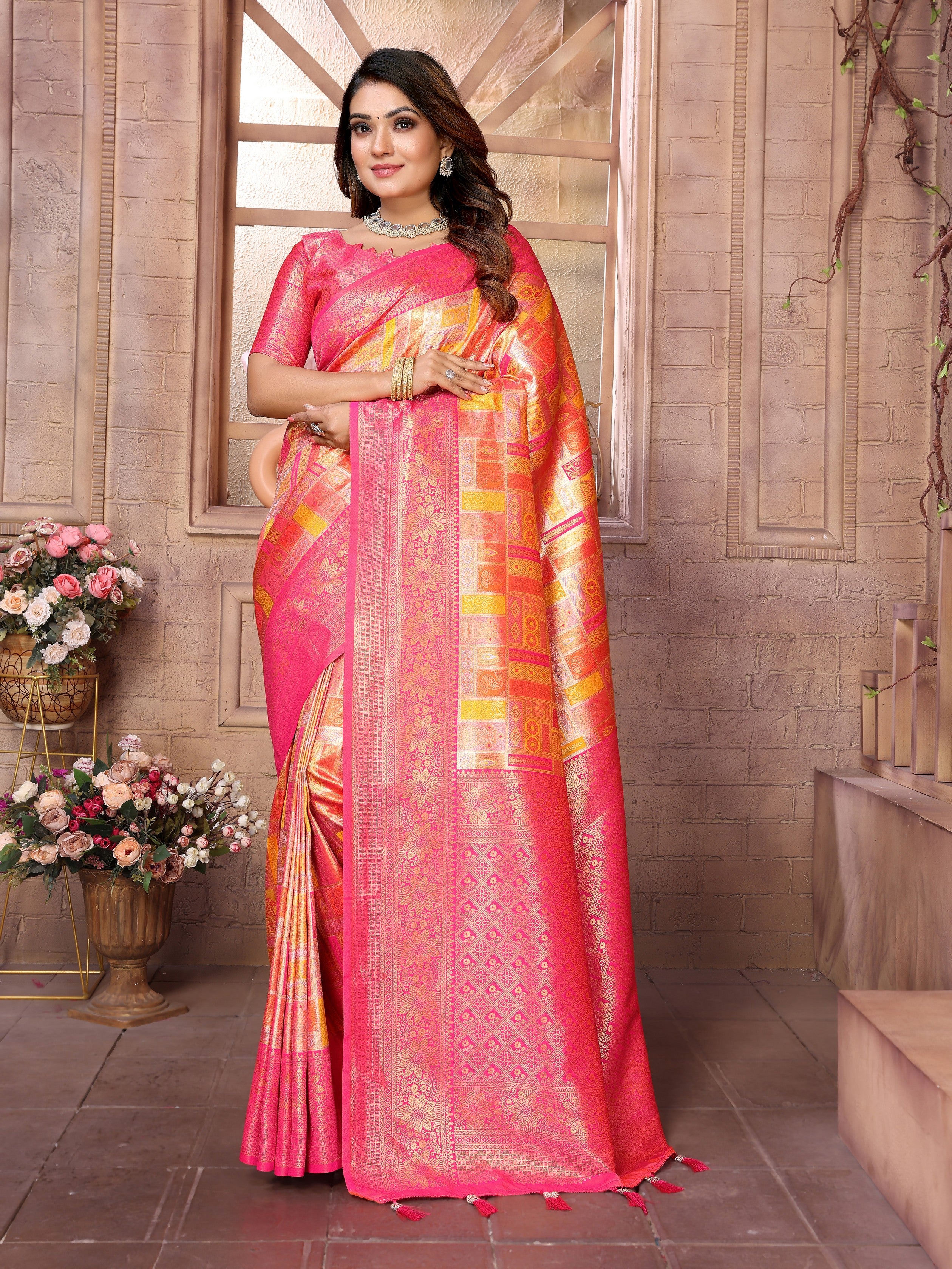 Orange Banarasi Chaturi Silk Ethnic Saree With Chaturi Woven Designer Work