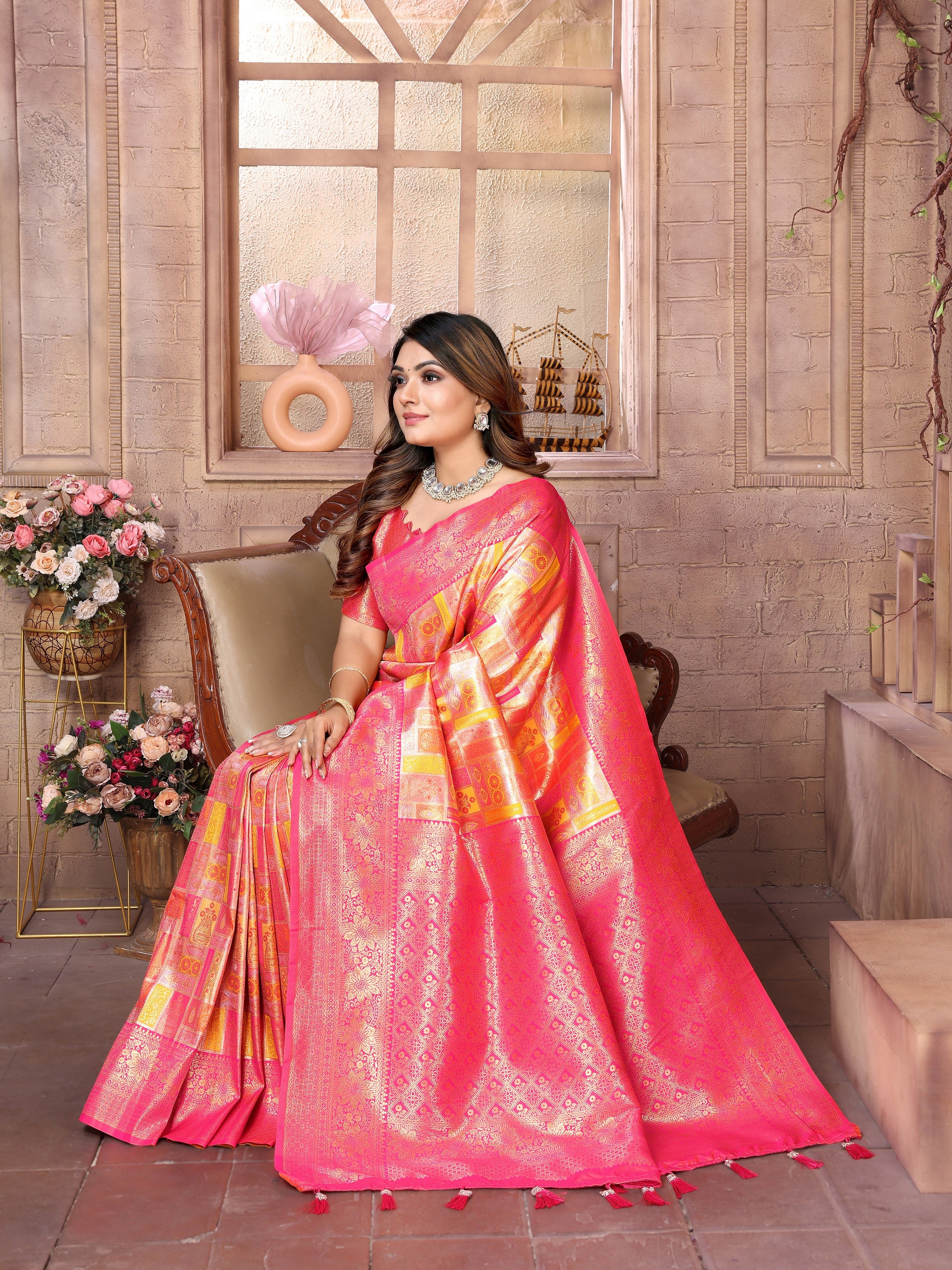 Orange Banarasi Chaturi Silk Ethnic Saree With Chaturi Woven Designer Work