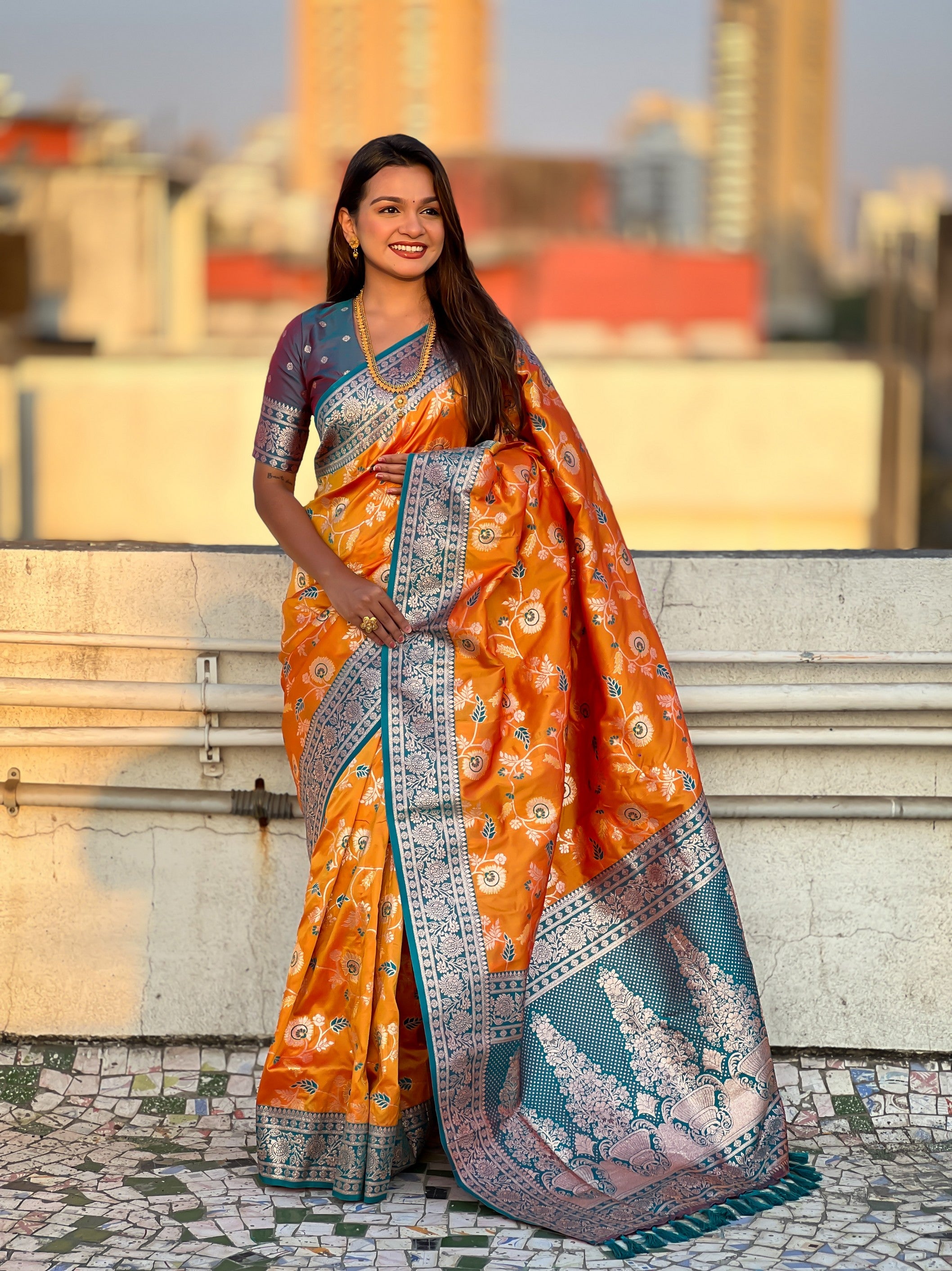 Orange Banarasi Silk Weaving Meenakari Designer Heavy Looks Saree