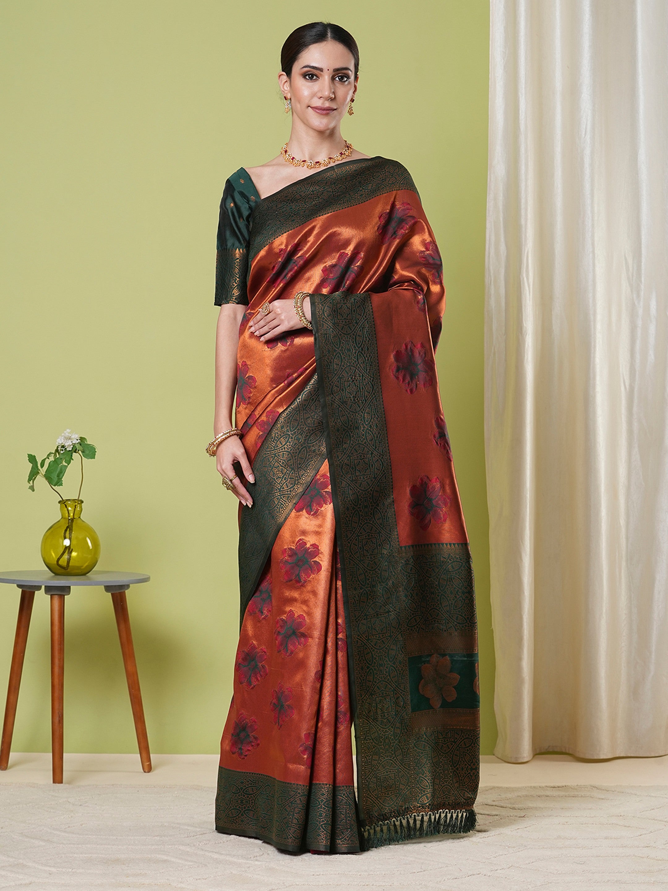 Orange Banarasi Silk Woven Jacquard Designer Partywear Saree