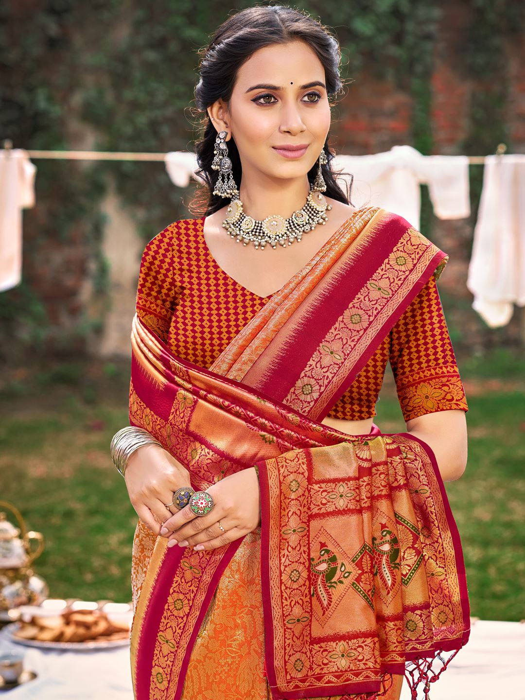 Orange Banarasi Silk Woven Work Saree