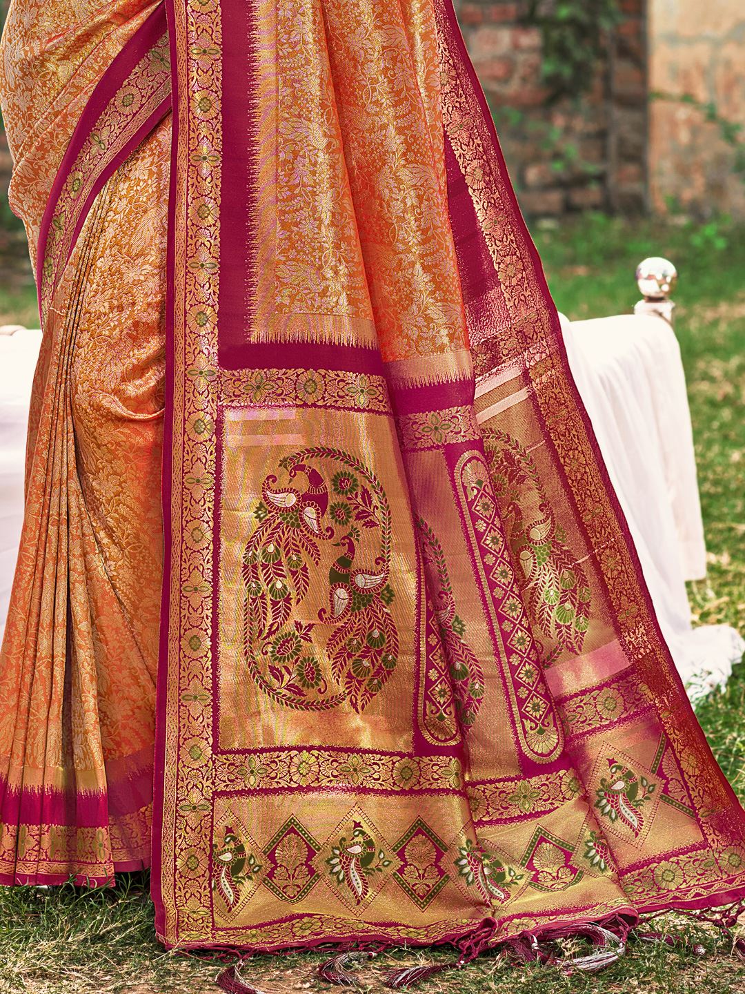 Orange Banarasi Silk Woven Work Saree