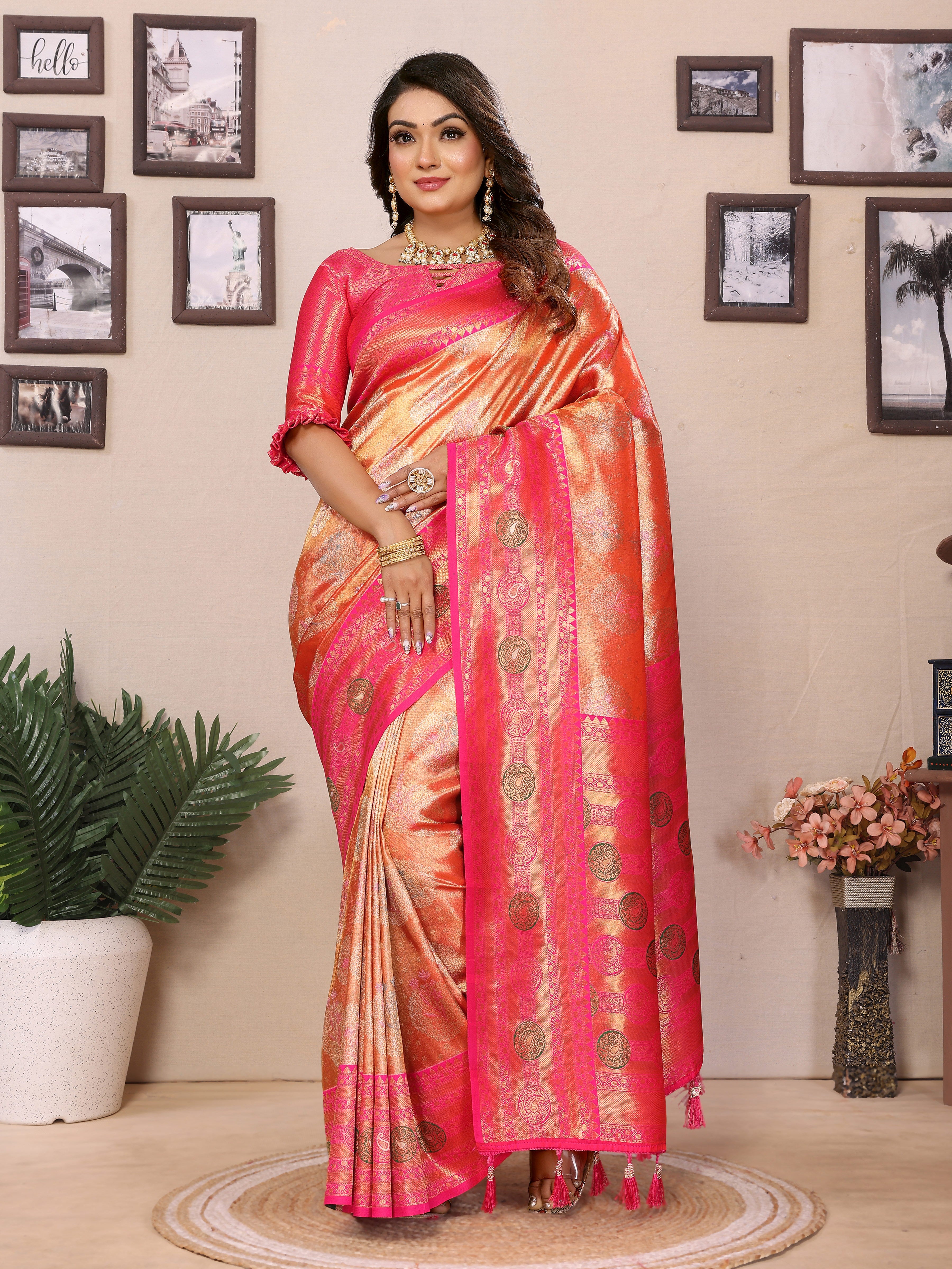 Orange Banarasi Tissue Silk Saree With Woven Paithani Designer