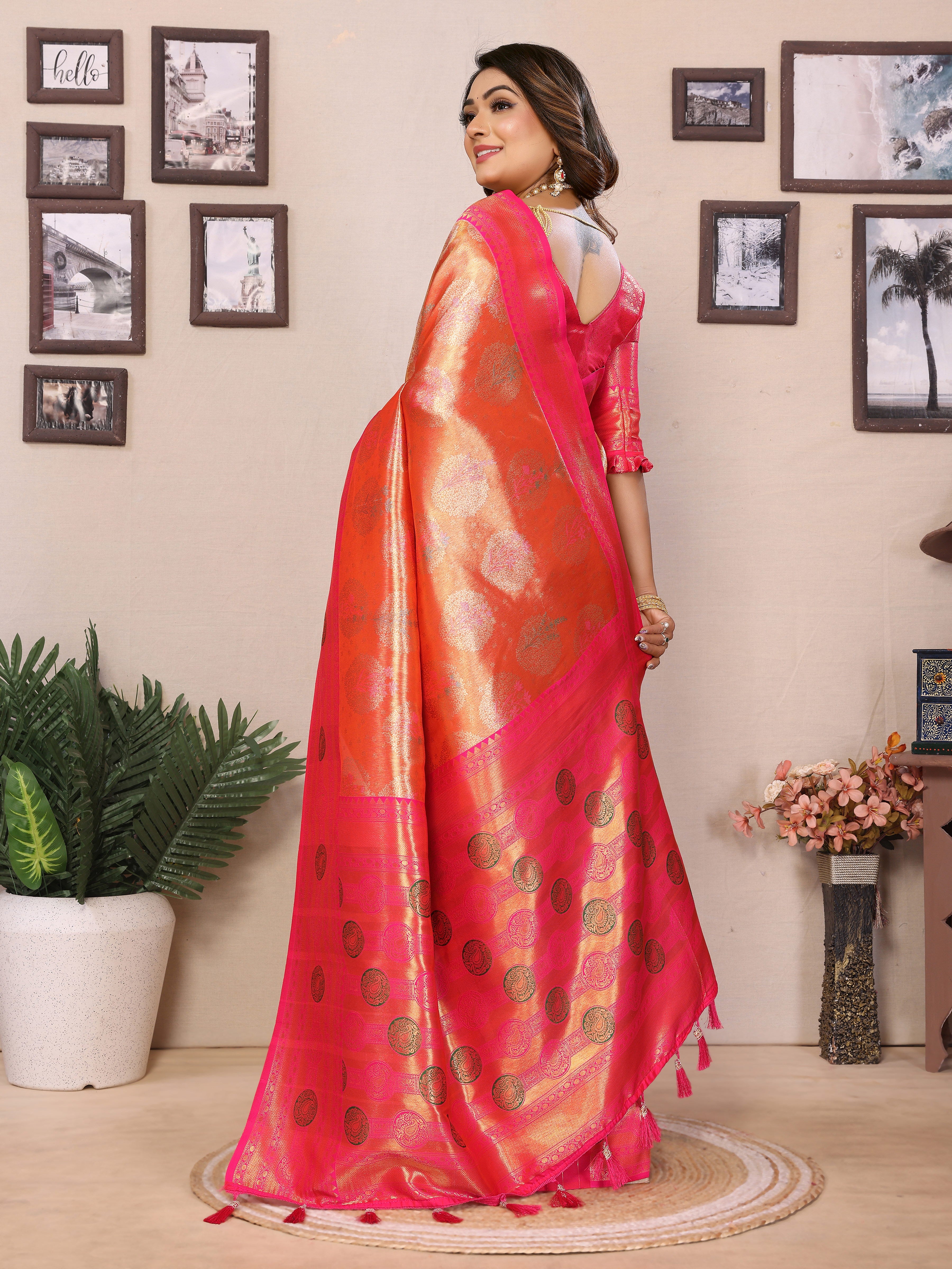 Orange Banarasi Tissue Silk Saree With Woven Paithani Designer