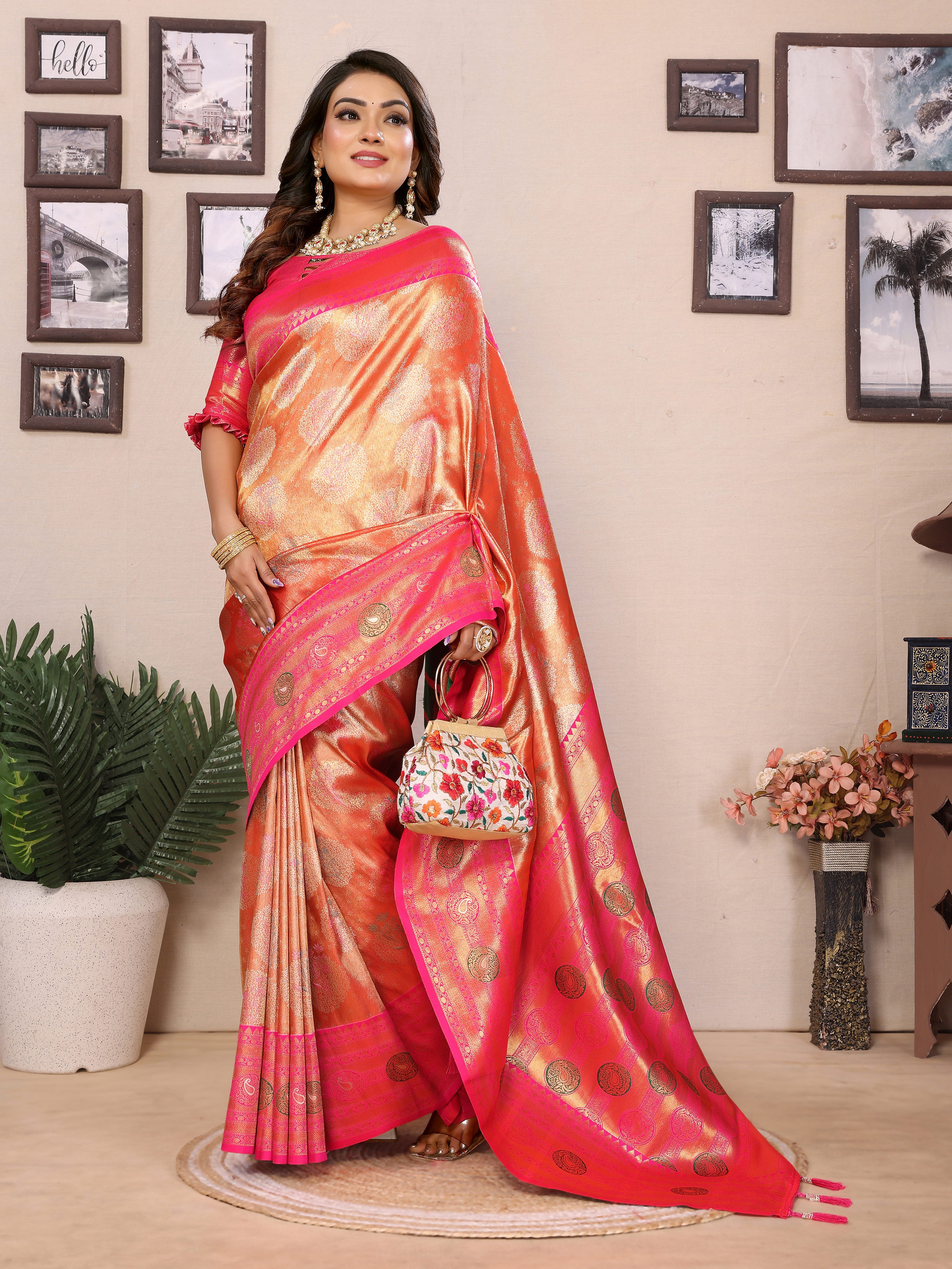 Orange Banarasi Tissue Silk Saree With Woven Paithani Designer