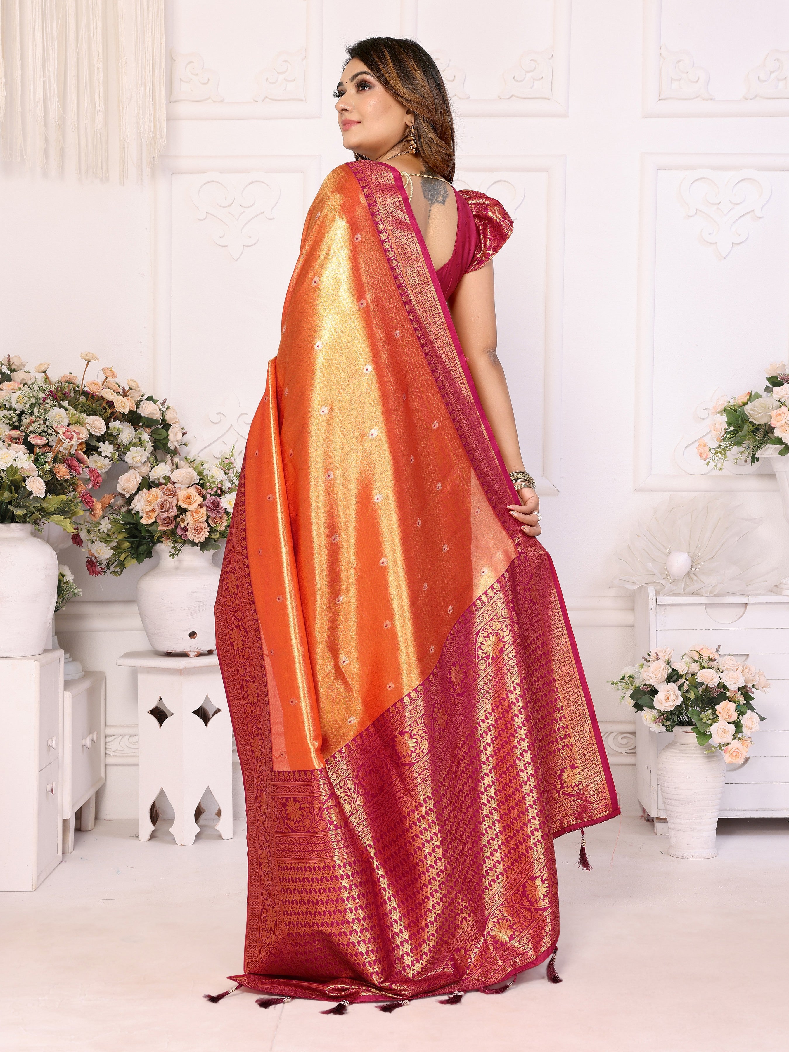 Orange Banarasi Tissue Silk Woven Jari Heavy Designer Saree