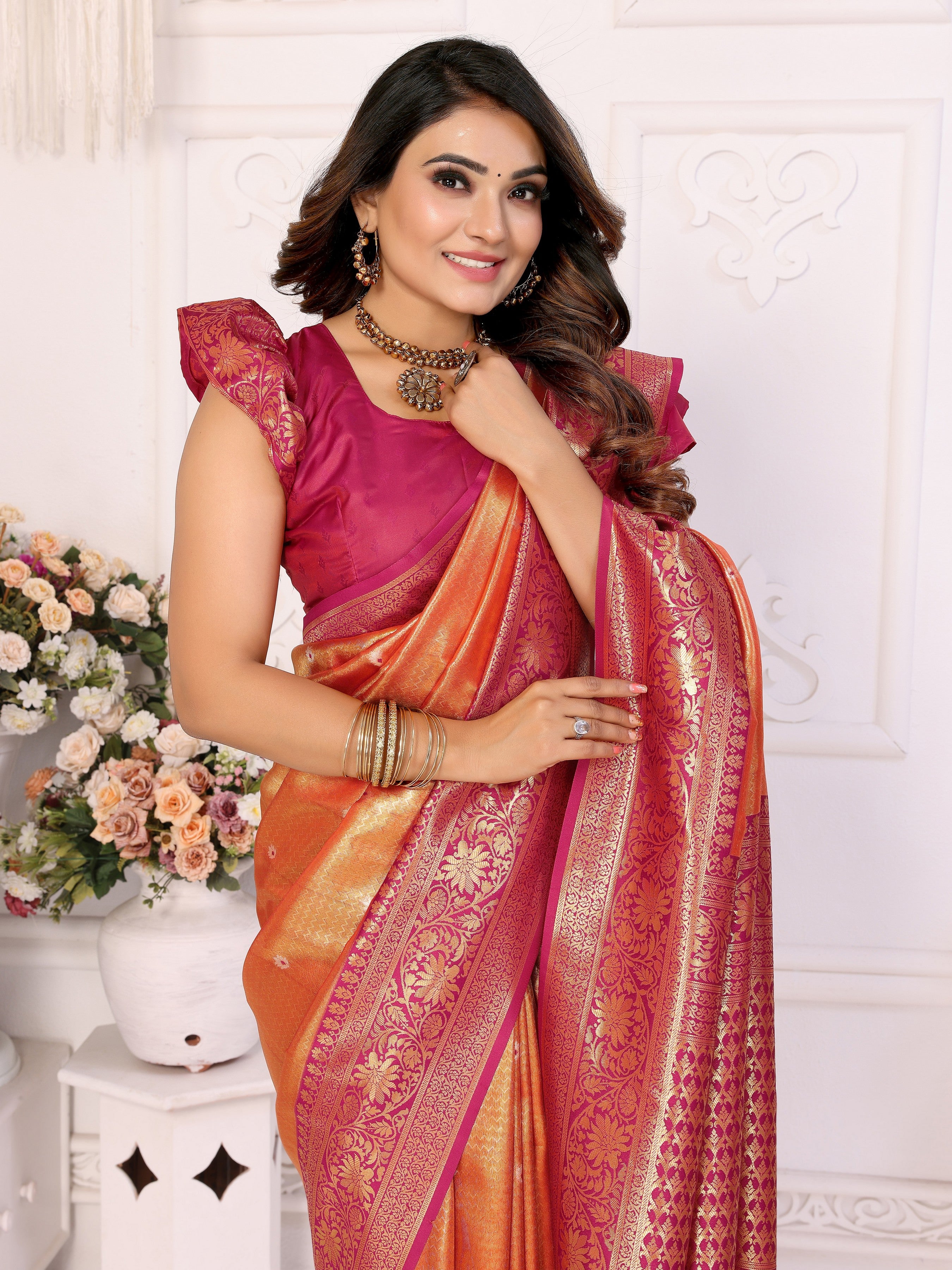 Orange Banarasi Tissue Silk Woven Jari Heavy Designer Saree