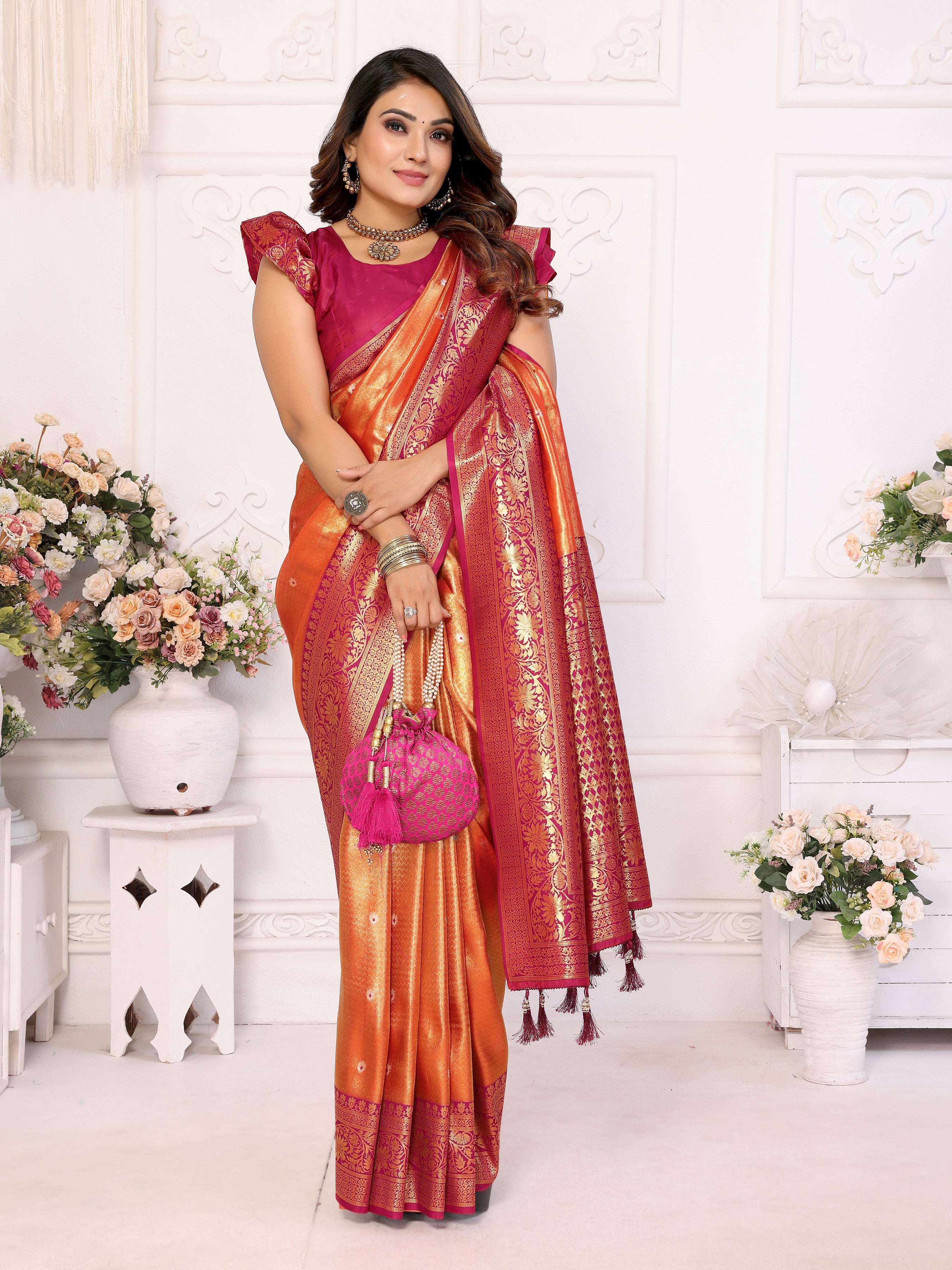 Orange Banarasi Tissue Silk Woven Jari Heavy Designer Saree